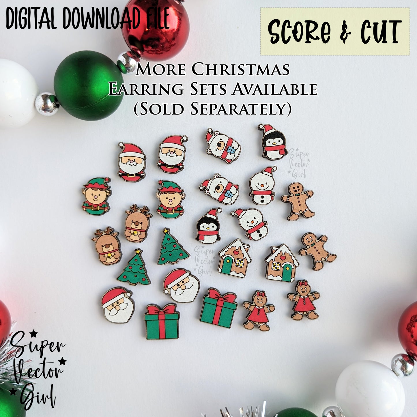 Cute Christmas Stud Earrings Bundle Set, SVG, Digital Laser Cut File files, Score and Cut, Laser Cut Earring, Santa Reindeer Elf Holidays