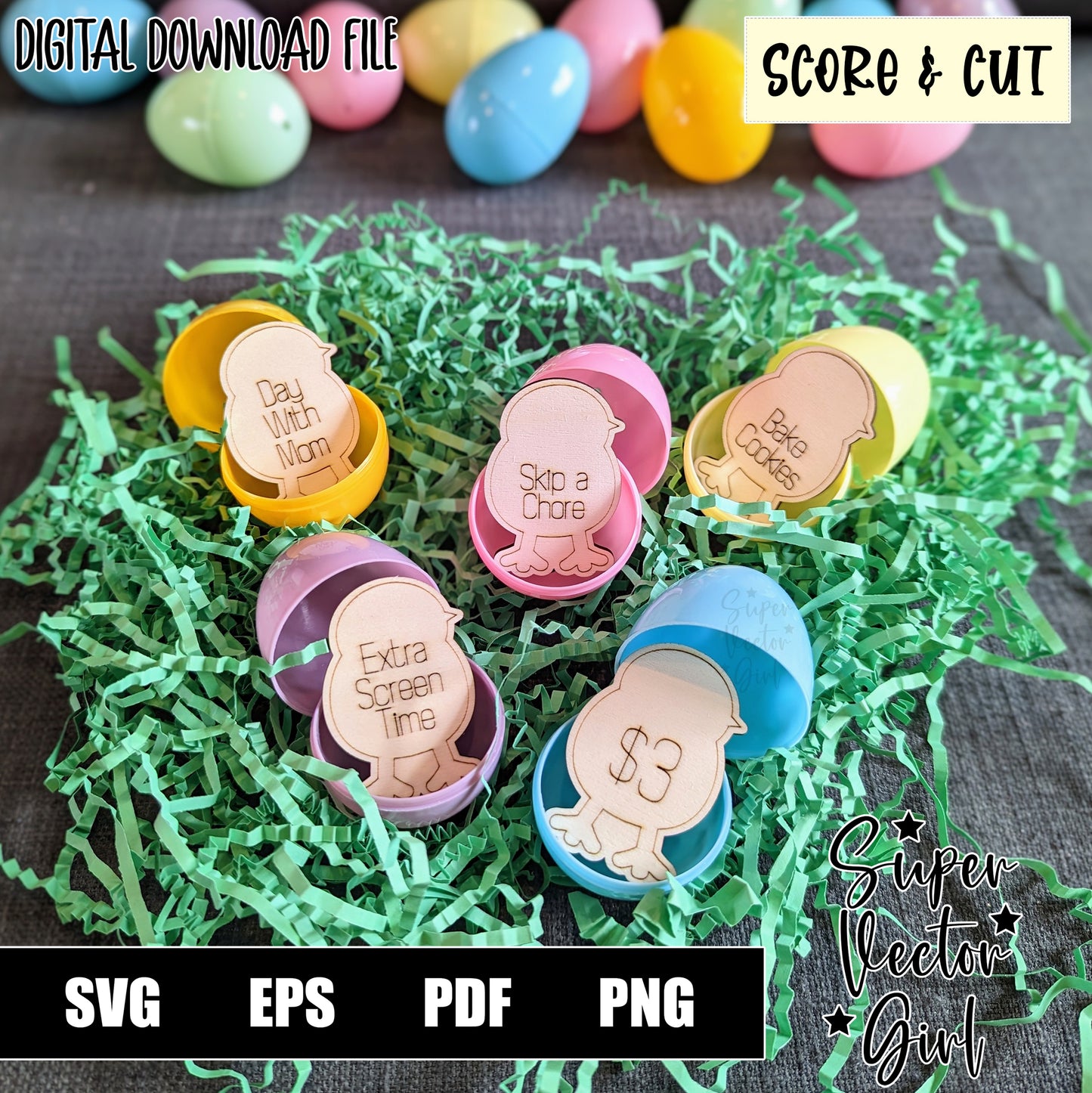 Easter Chick Egg Tokens SVG Set, Score & Cut, Digital Laser Cut File, xTool Glowforge files, Cute Egg Filler Prize Reward Token Kids Eggs Hunt