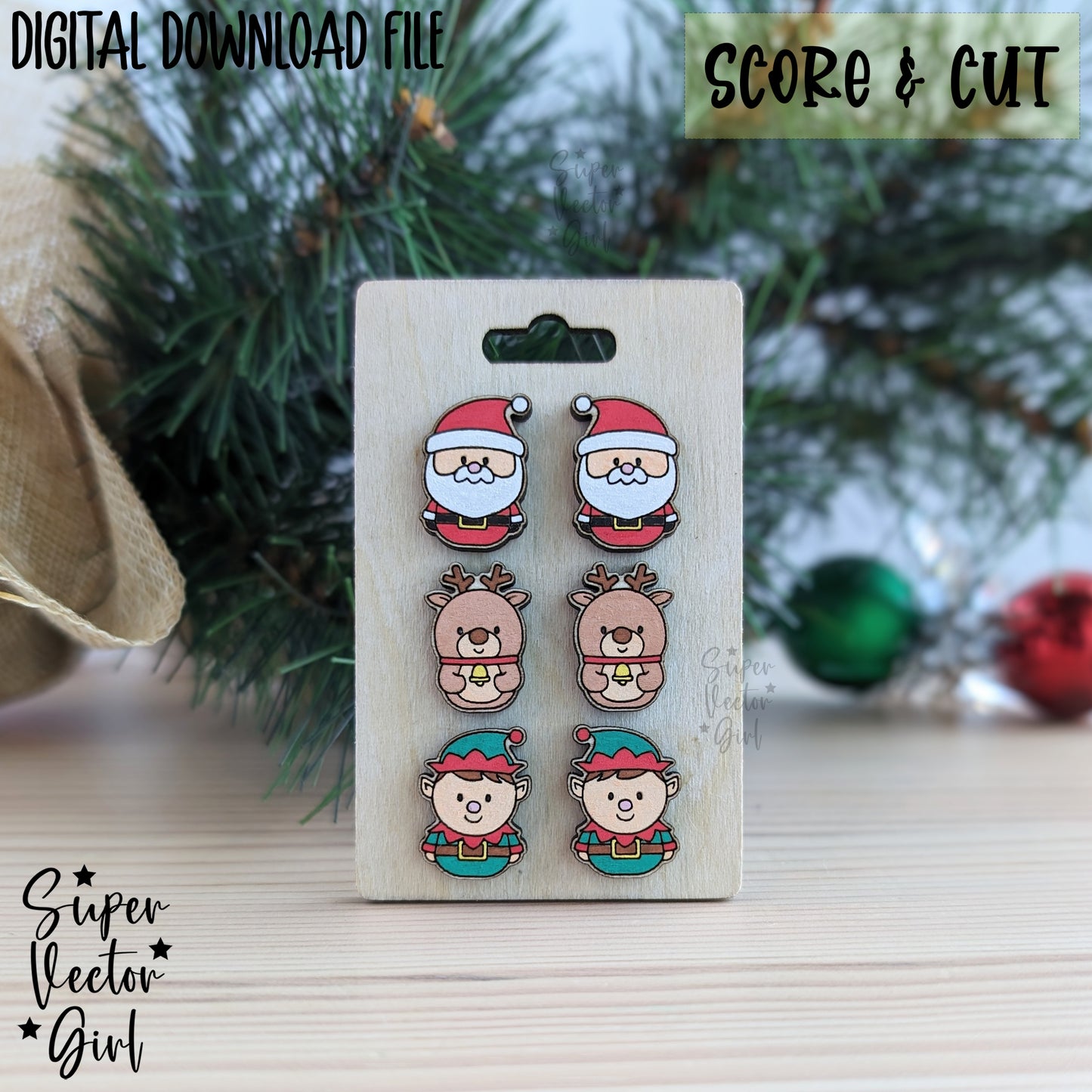 Cute Christmas Stud Earrings Bundle Set, SVG, Digital Laser Cut File files, Score and Cut, Laser Cut Earring, Santa Reindeer Elf Holidays