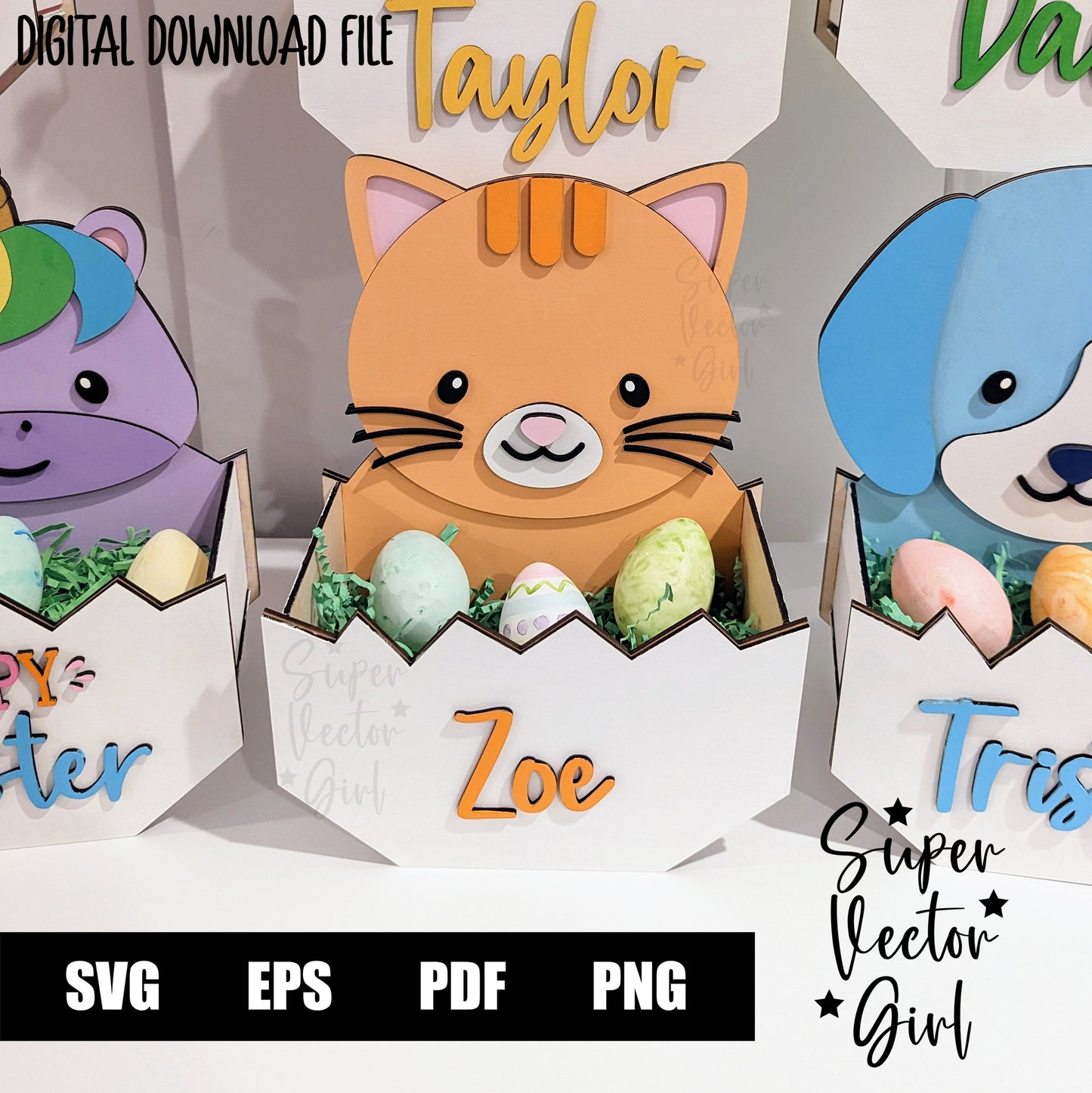 Cat Only Easter Basket Crate, Easter Treats Box, SVG Laser Cut File, xTool Glowforge files, Cute kitty in egg kitten gift box, hatching spring tabby pet