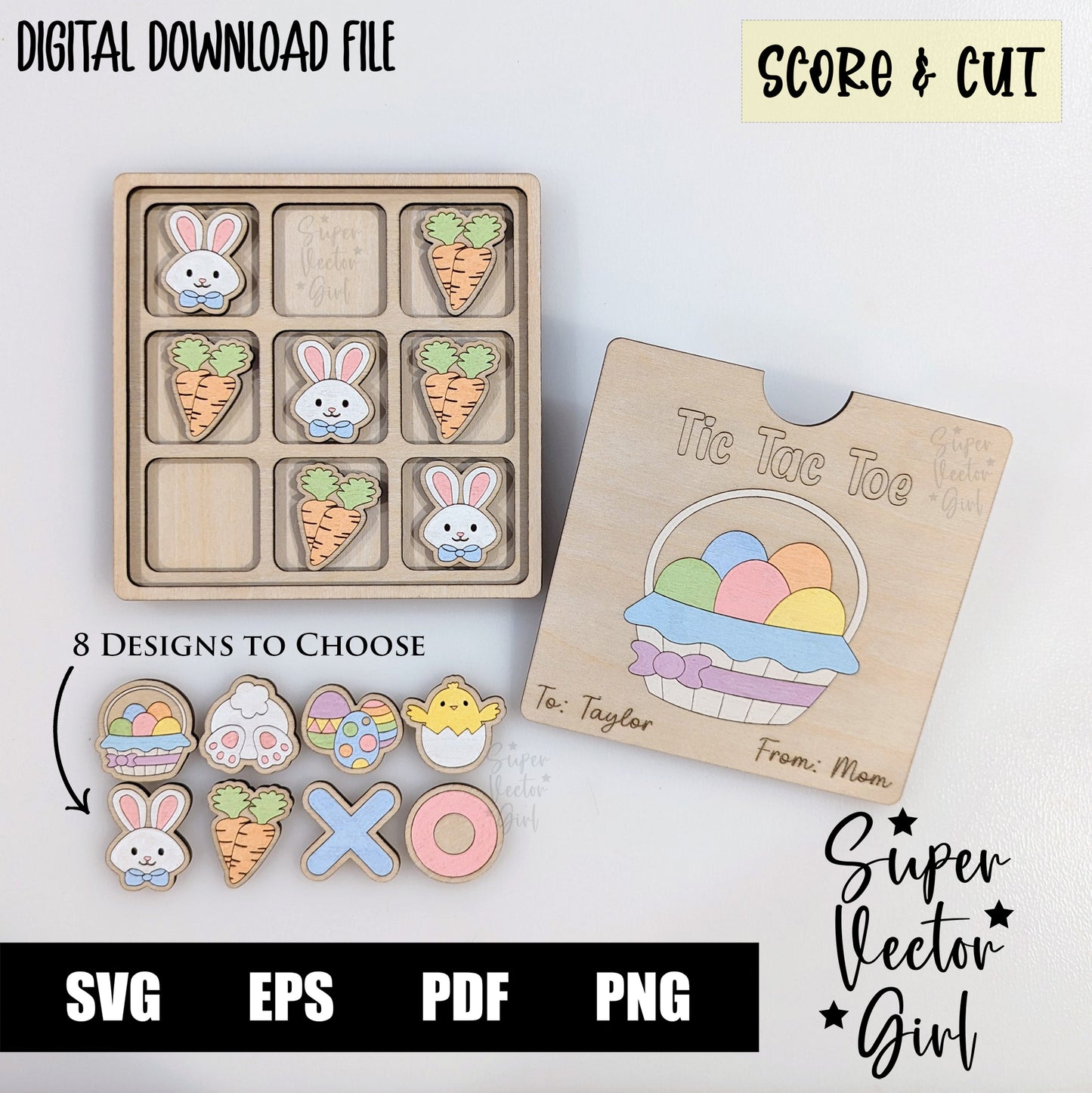 Tic Tac Toe Game with Box Lid, Easter, Basket Stuffer, SVG, Digital Laser Cut File, xTool Glowforge files, Laser Cut Files, Board Game, Kids Game