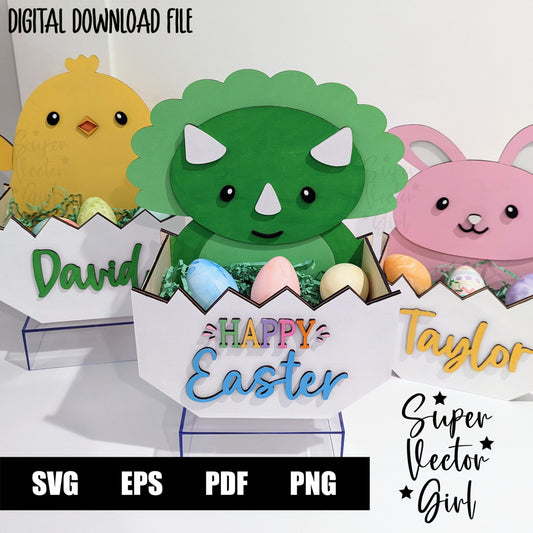 Dinosaur Only Easter Basket Crate, Easter Treats Box, SVG Laser Cut File, xTool Glowforge files Cute dino in egg triceratops gift box hatching spring