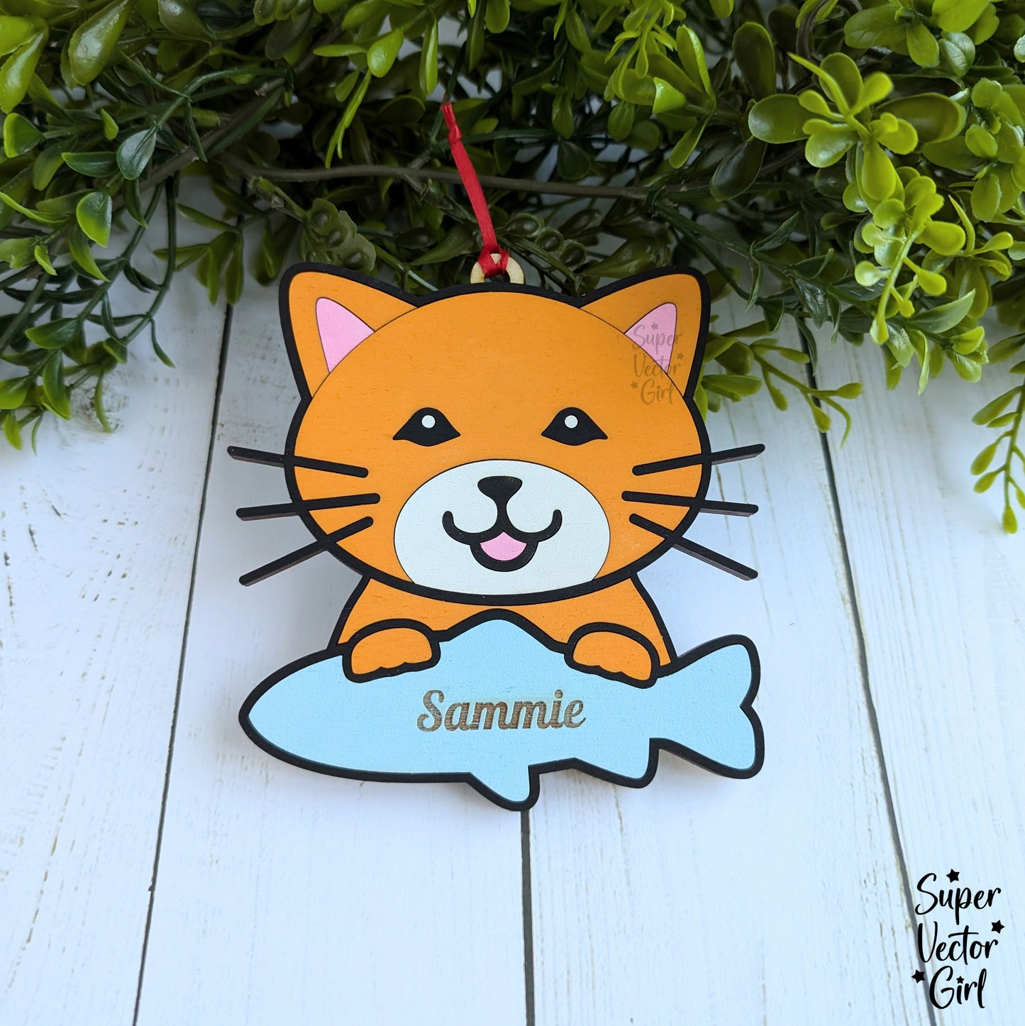 Cat Face Christmas Ornament, Holding Fish, SVG, Digital Laser Cut File files, Personalized Custom Name Tag, Pet, Kitten, Tabby