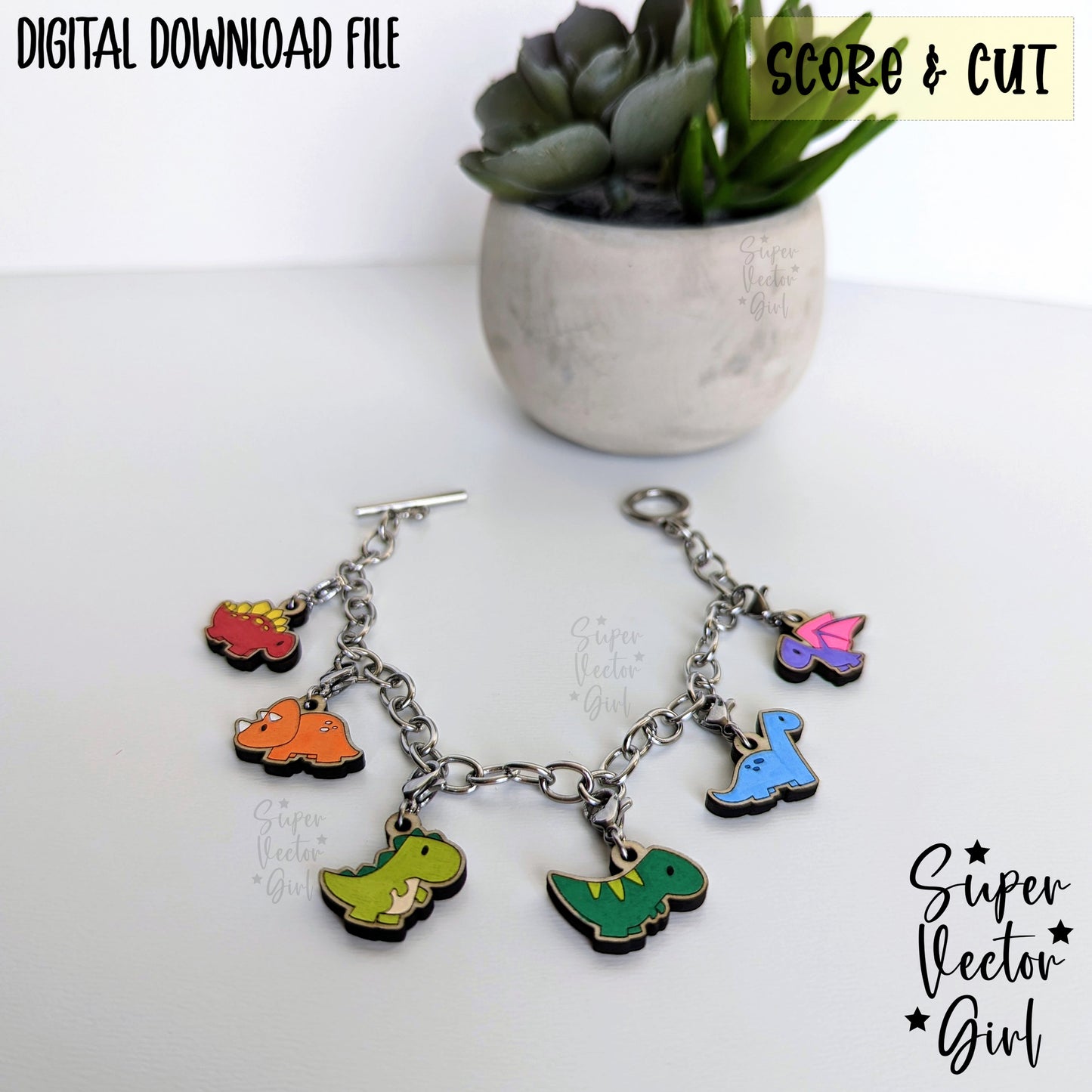 Dinosaurs Bracelet Charms Bundle Set, SVG, Digital Laser Cut File, xTool Glowforge files, Score & Cut, Funny Cute Dino T Rex DIY Make Your Own Charm