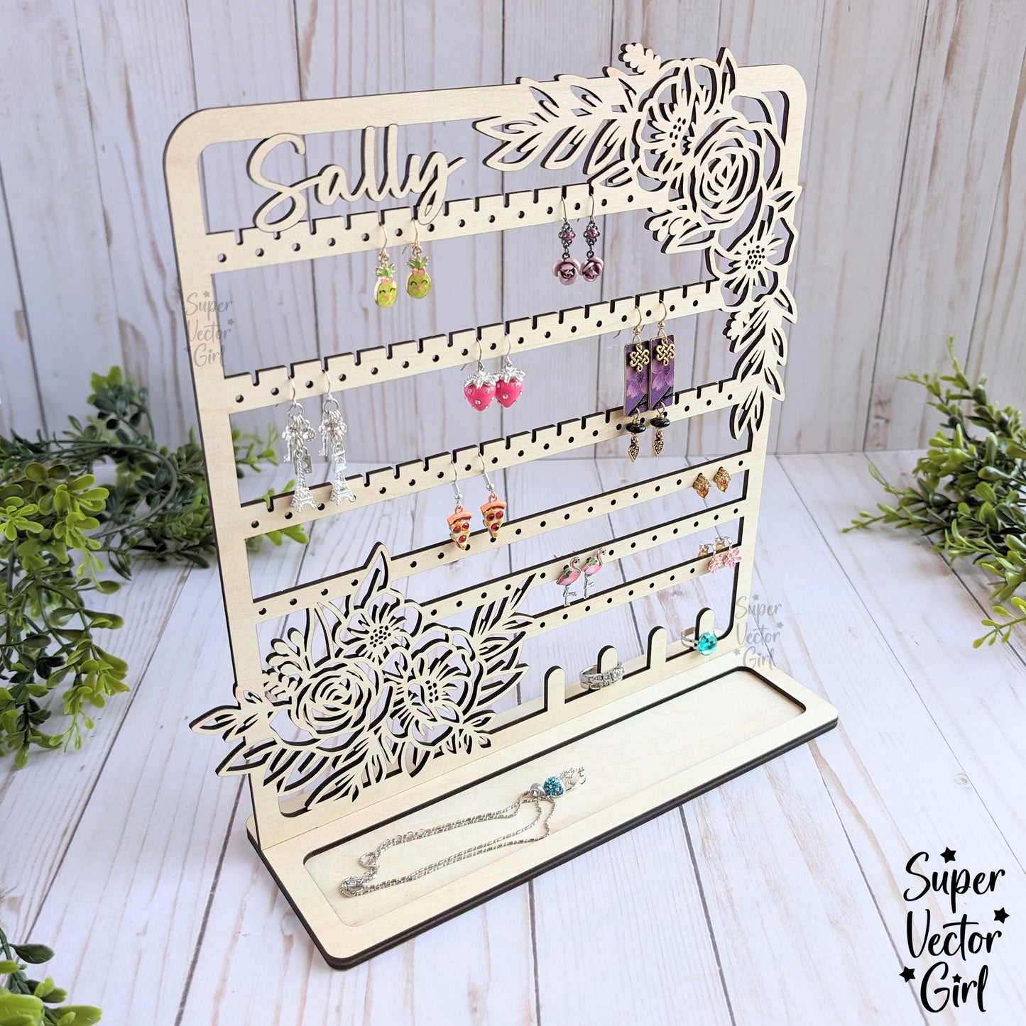 Earrings Jewelry & Trinkets Stand, Earring Organizer, SVG, Laser Cut File, Personalized Stud Earring Holder Display, Floral Flower Rose, Valentine's Day, Mother's Day, Gift for Girls