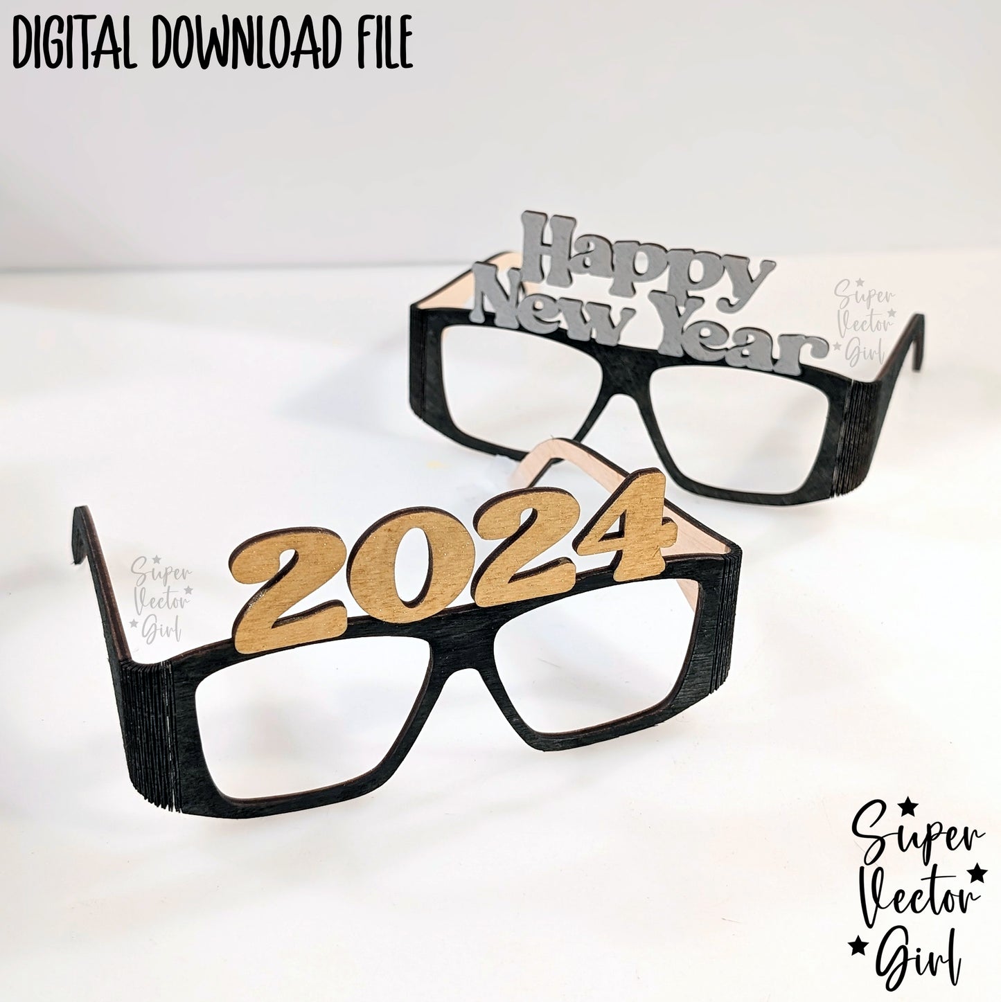 Happy New Year Eye Glasses DIY, SVG, Digital Laser Cut File, xTool Glowforge files, Wood Cute Silly New Year's Eve Party Celebration Photo 2024