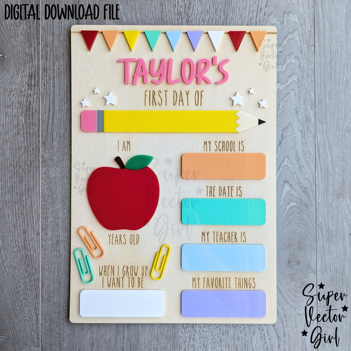 First Day Of School Sign, Personalized Back To School Board, SVG Laser Cut File, xTool Glowforge files, Custom Name, Reuseable Wipe Clean Dry Erase