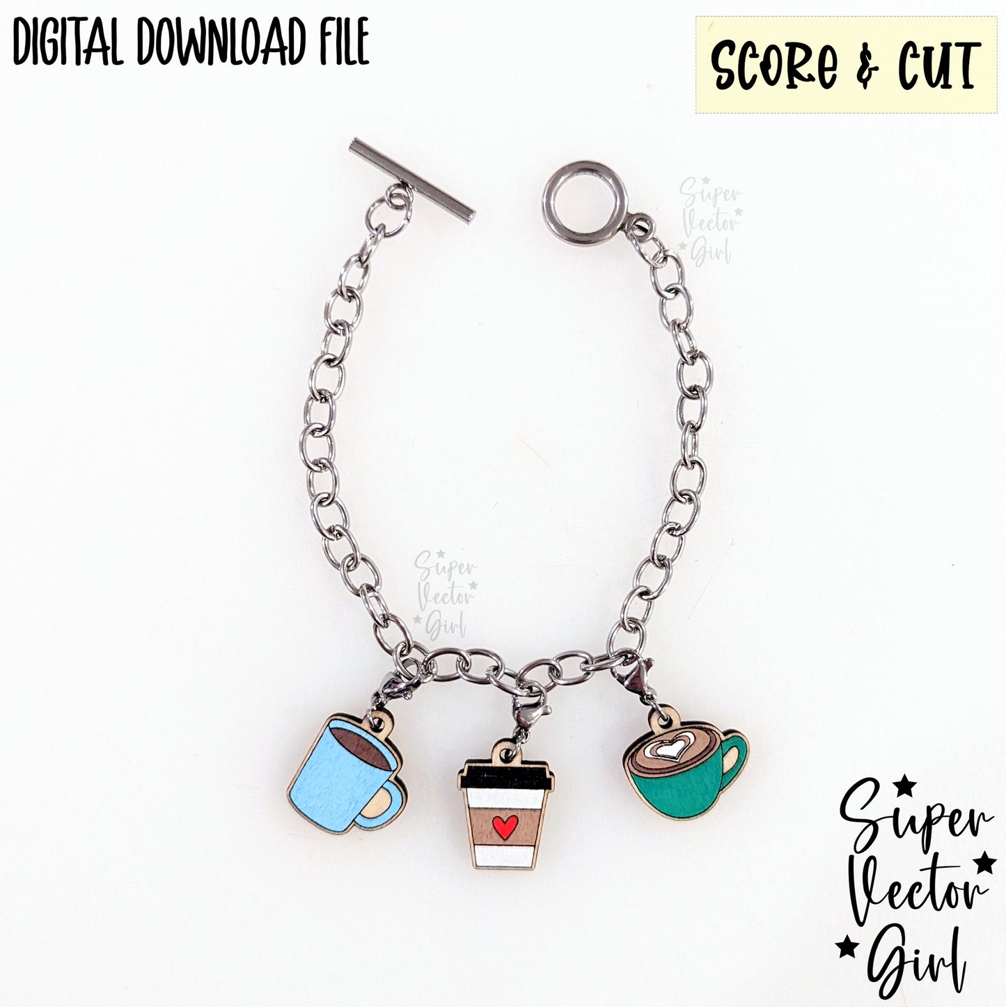 Coffee Bracelet Charms Bundle Set, SVG, Digital Laser Cut File, xTool Glowforge files, Score & Cut, Latte Cafe Mug Cappuccino DIY Make Own Charm