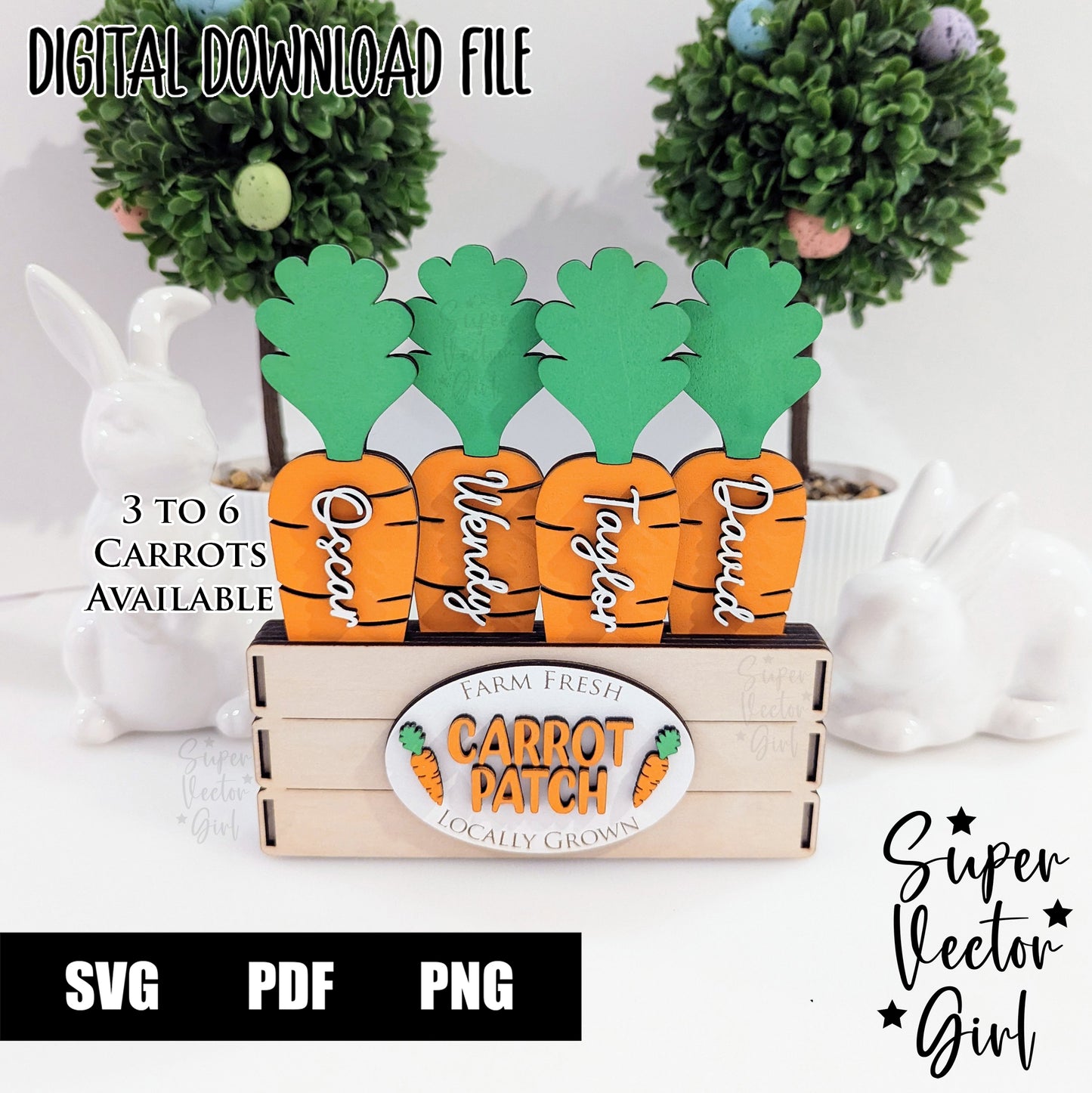 Family Carrot Patch SVG, Shelf Sitter, Easter, Laser Cut File, xTool Glowforge files, Cute Carrots, Basket, Tiered Tray, Custom Name Decoration Home Decor