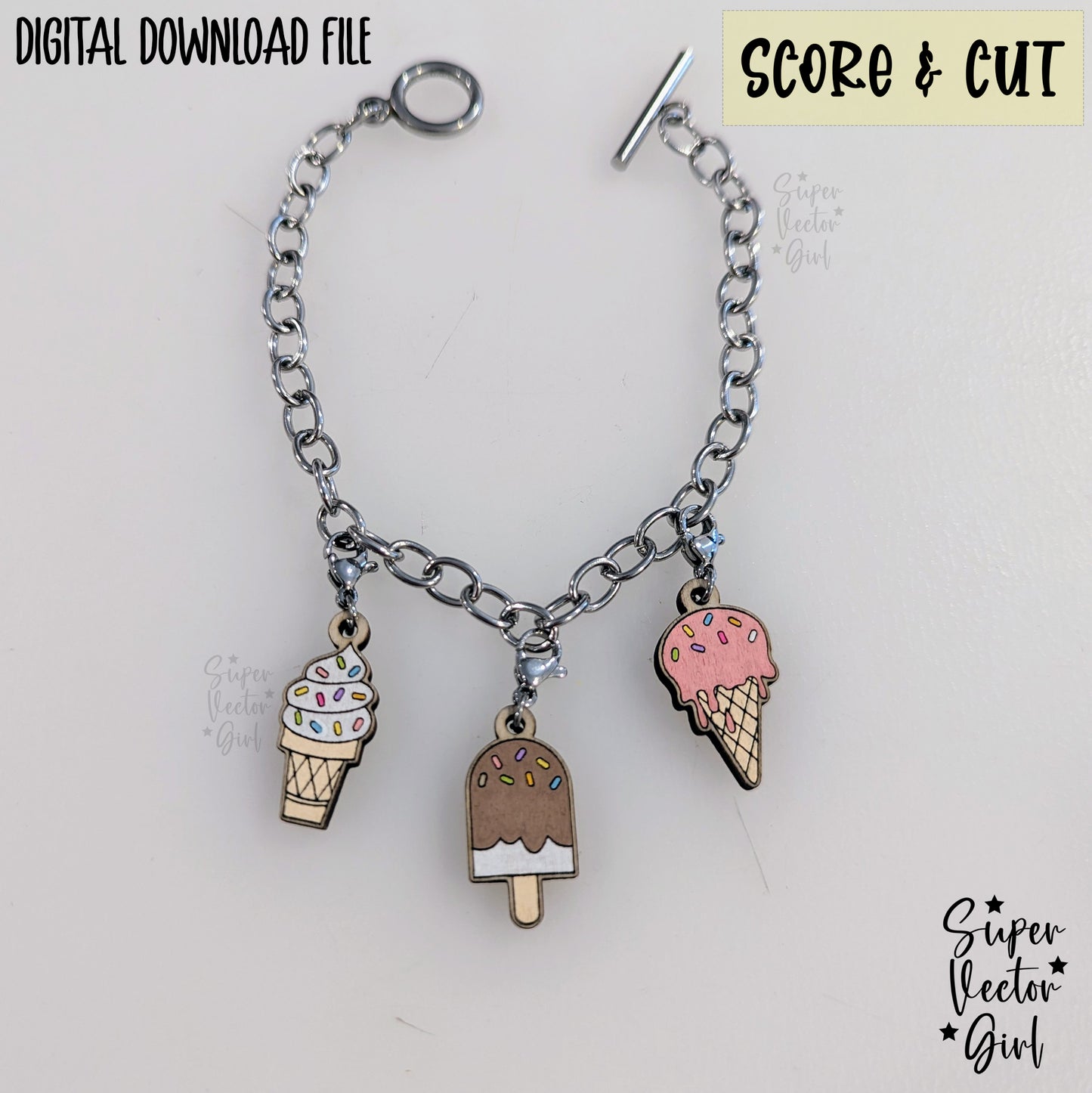 Ice Cream Bracelet Charms Bundle Set, SVG, Digital Laser Cut File, xTool Glowforge files, Score & Cut, Summer Dessert Food Popsicles Cone Sprinkles