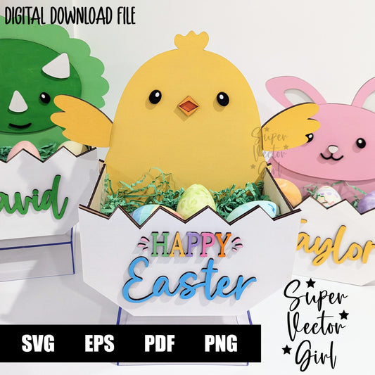 Chick Only Easter Basket Crate, Easter Treats Box, SVG, Laser Cut File, xTool Glowforge files, Cute chick in egg, chicken, gift box, hatching, spring