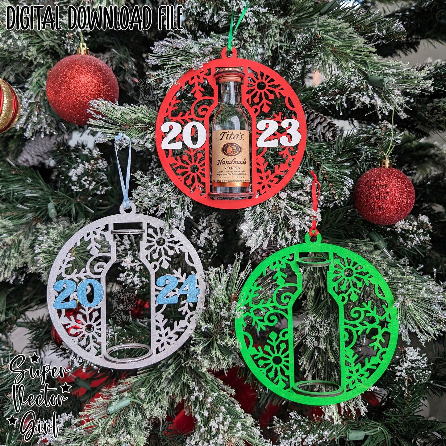 Mini Shooter Christmas New Year Ornament, Compatible with Tito's Booze Bottle Shot, Alcohol 50 ML, Round Liquor Holder, SVG, Digital Laser Cut File, Gift