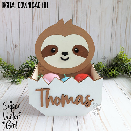 Sloth Easter Basket Crate, Easter Treats Box, SVG, Laser Cut File Files, Cute sloth in egg, gift box, hatching, spring, xTool Glowforge all laser files