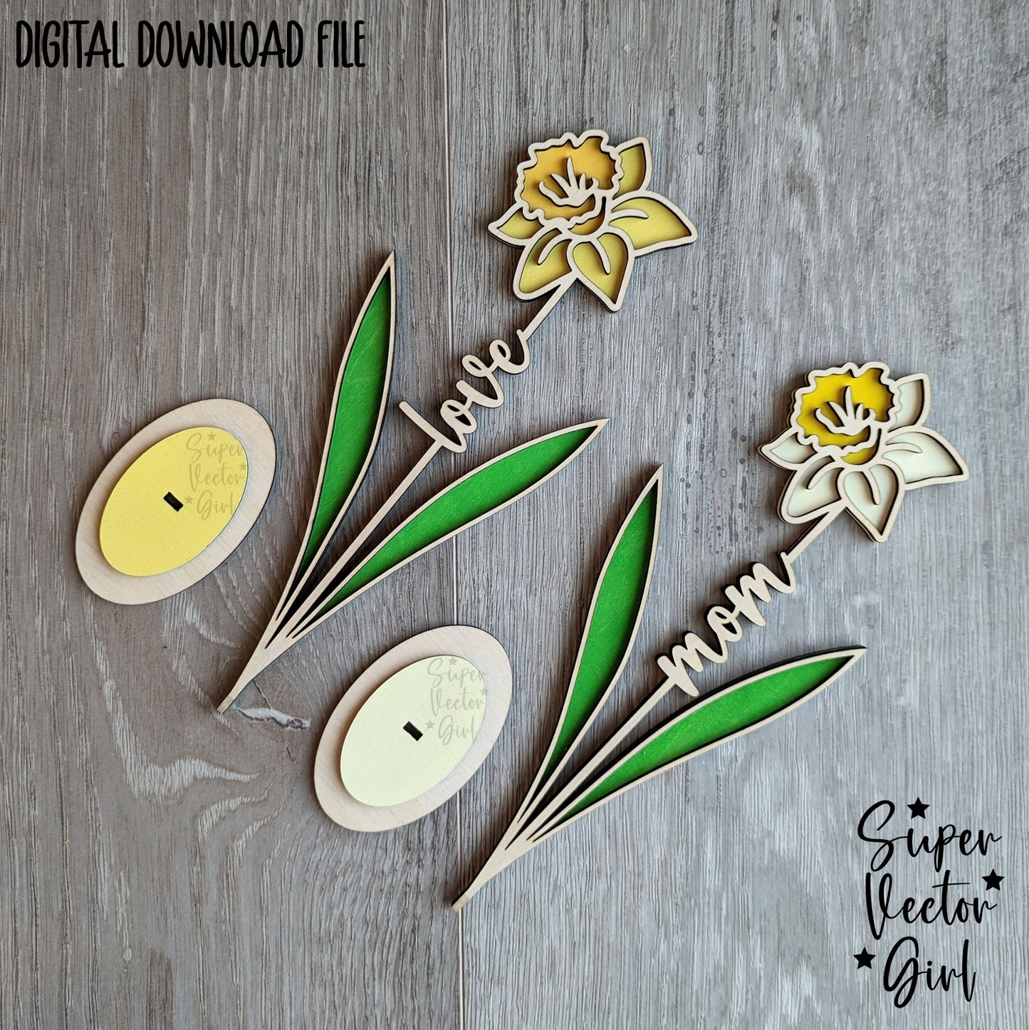 Daffodil Laser Cut File Stand, SVG, Mother's Day Mom Daffodils Valentine's Day Birthday, xTool Glowforge files, Flower Love Mum Spring Custom Name