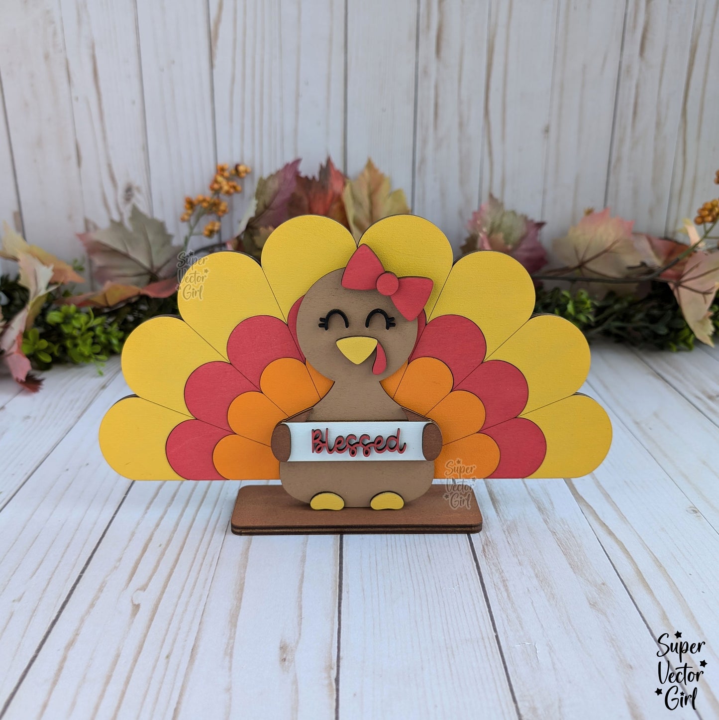 Turkey Holding a Sign, Girl or Boy Thankful Turkey Shelf Sitter, Happy Thanksgiving Table Decoration Sign, SVG, Digital Laser Cut File files, Cute Turkey, Fall Home Decor, Craft for Kids