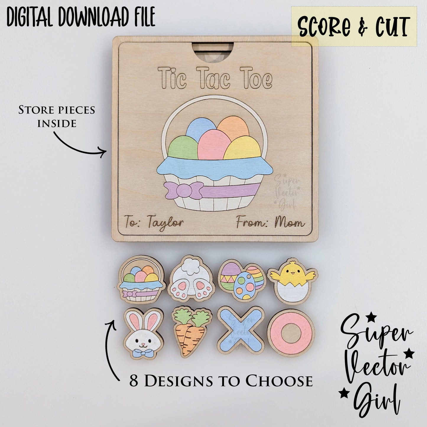 Tic Tac Toe Game with Box Lid, Easter, Basket Stuffer, SVG, Digital Laser Cut File, xTool Glowforge files, Laser Cut Files, Board Game, Kids Game