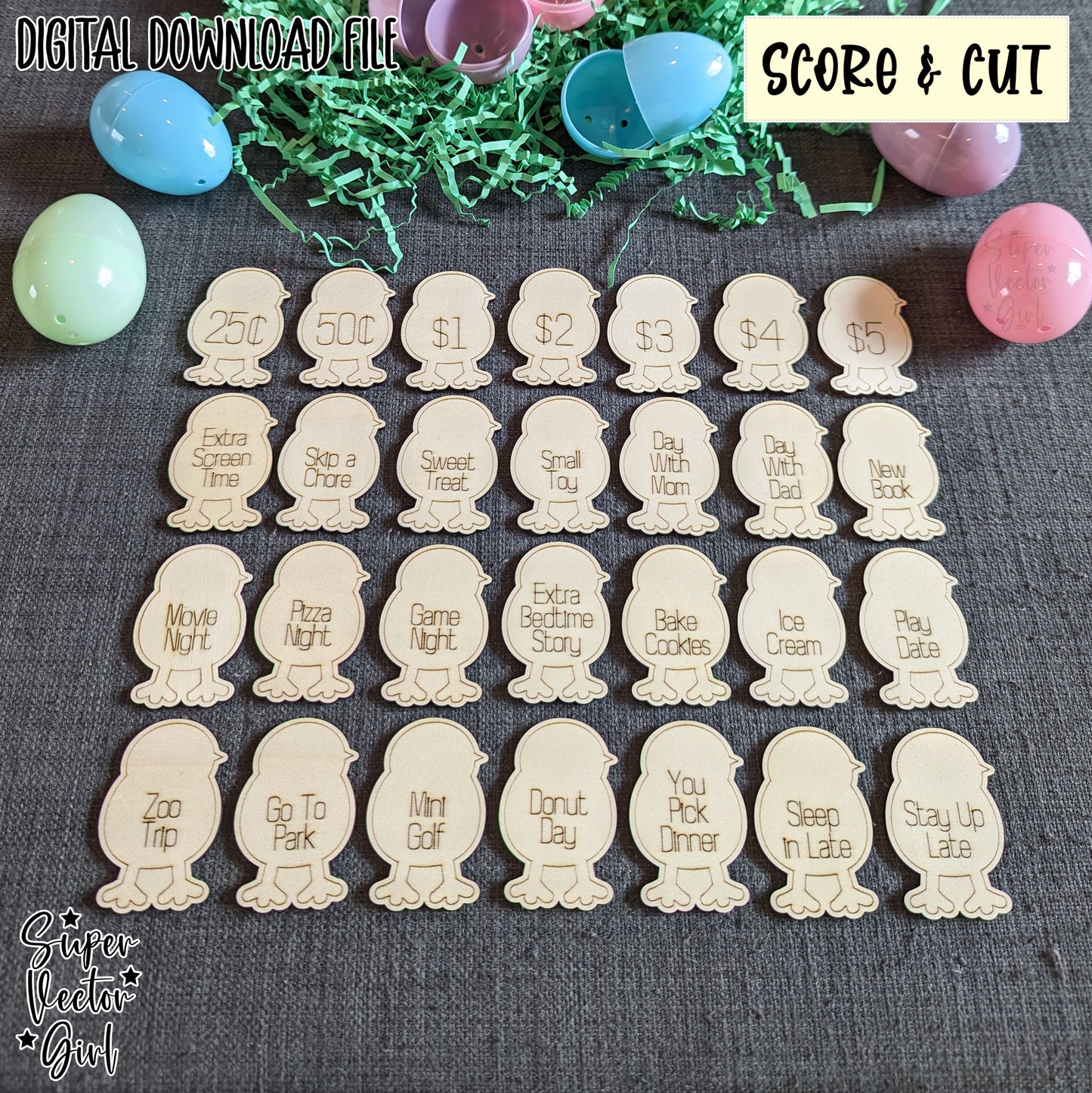 Easter Chick Egg Tokens SVG Set, Score & Cut, Digital Laser Cut File, xTool Glowforge files, Cute Egg Filler Prize Reward Token Kids Eggs Hunt