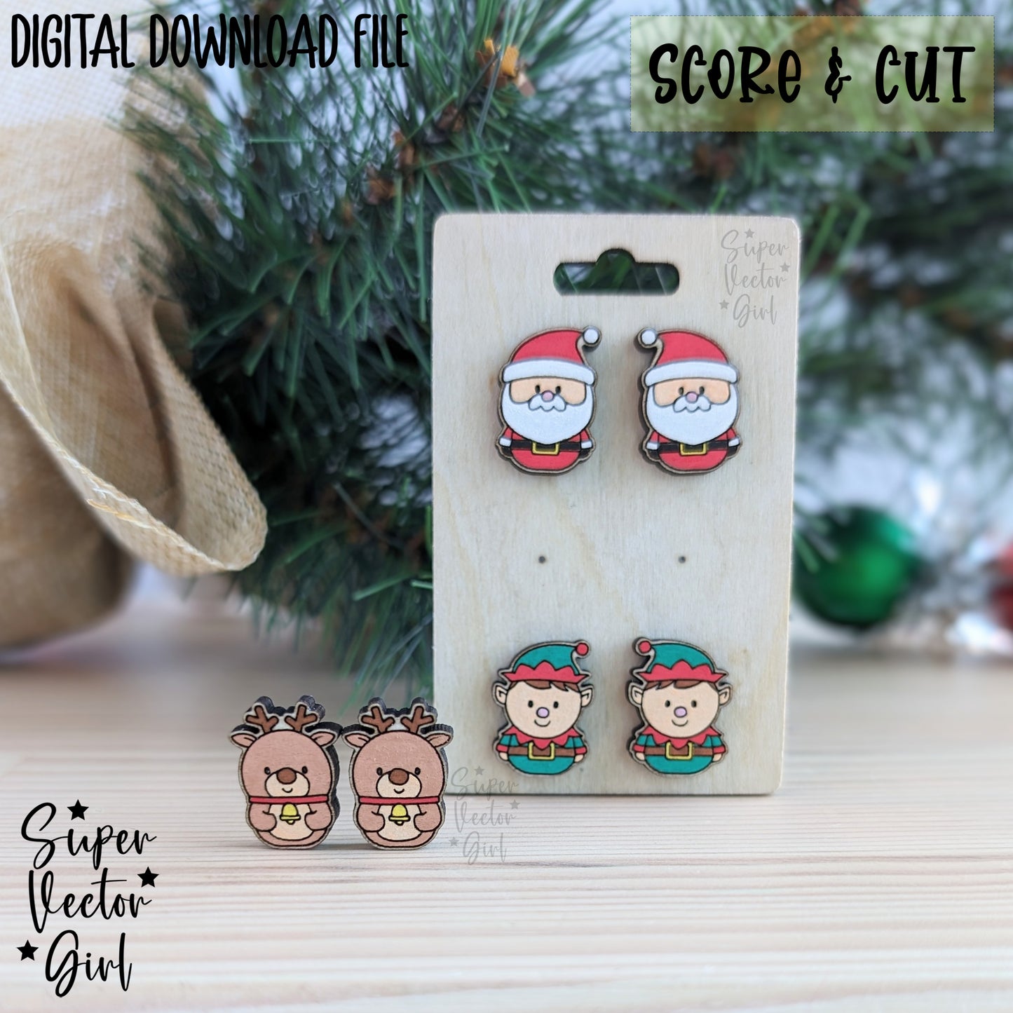 Cute Christmas Stud Earrings Bundle Set, SVG, Digital Laser Cut File files, Score and Cut, Laser Cut Earring, Santa Reindeer Elf Holidays