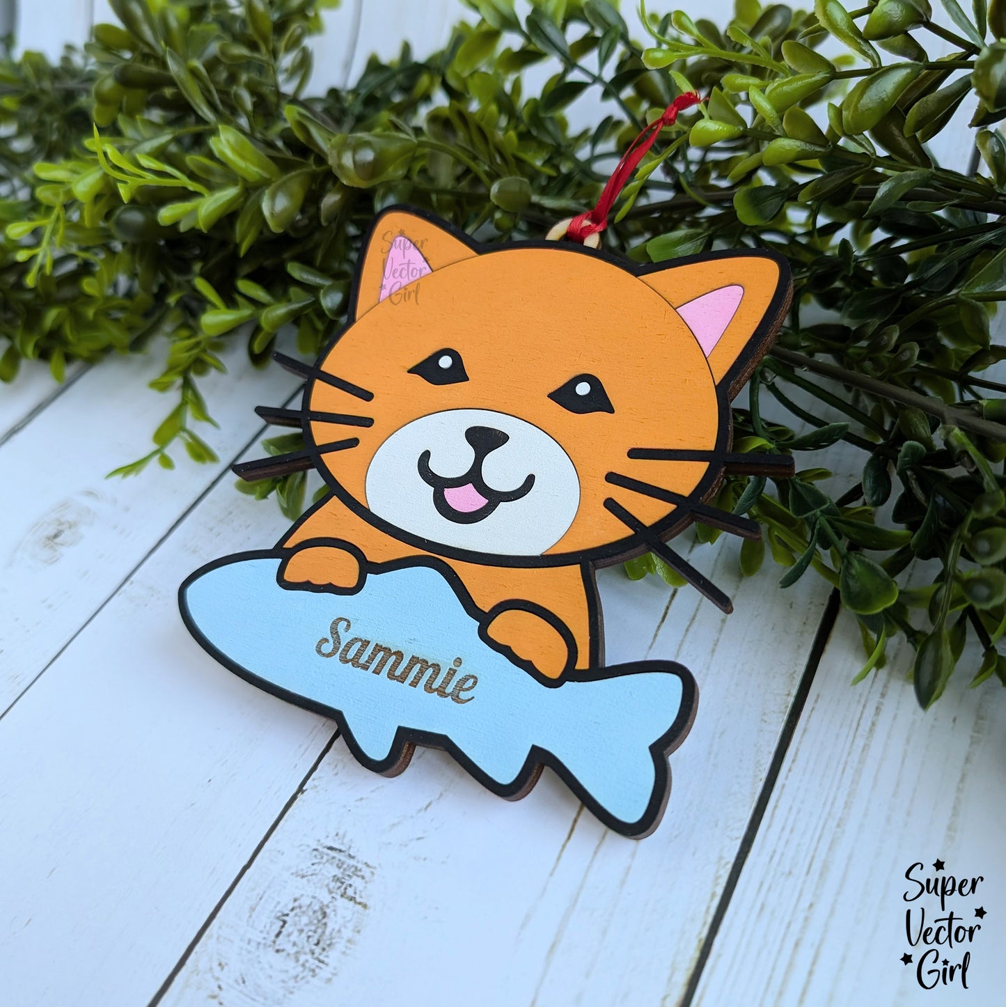 Cat Face Christmas Ornament, Holding Fish, SVG, Digital Laser Cut File files, Personalized Custom Name Tag, Pet, Kitten, Tabby