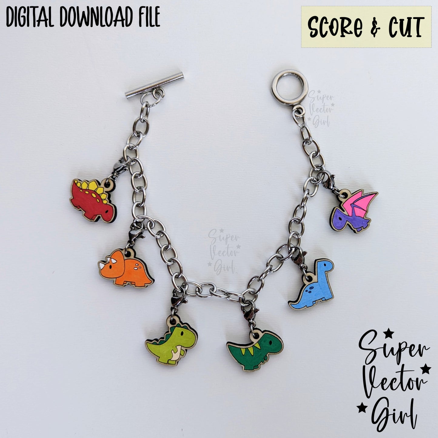 Dinosaurs Bracelet Charms Bundle Set, SVG, Digital Laser Cut File, xTool Glowforge files, Score & Cut, Funny Cute Dino T Rex DIY Make Your Own Charm