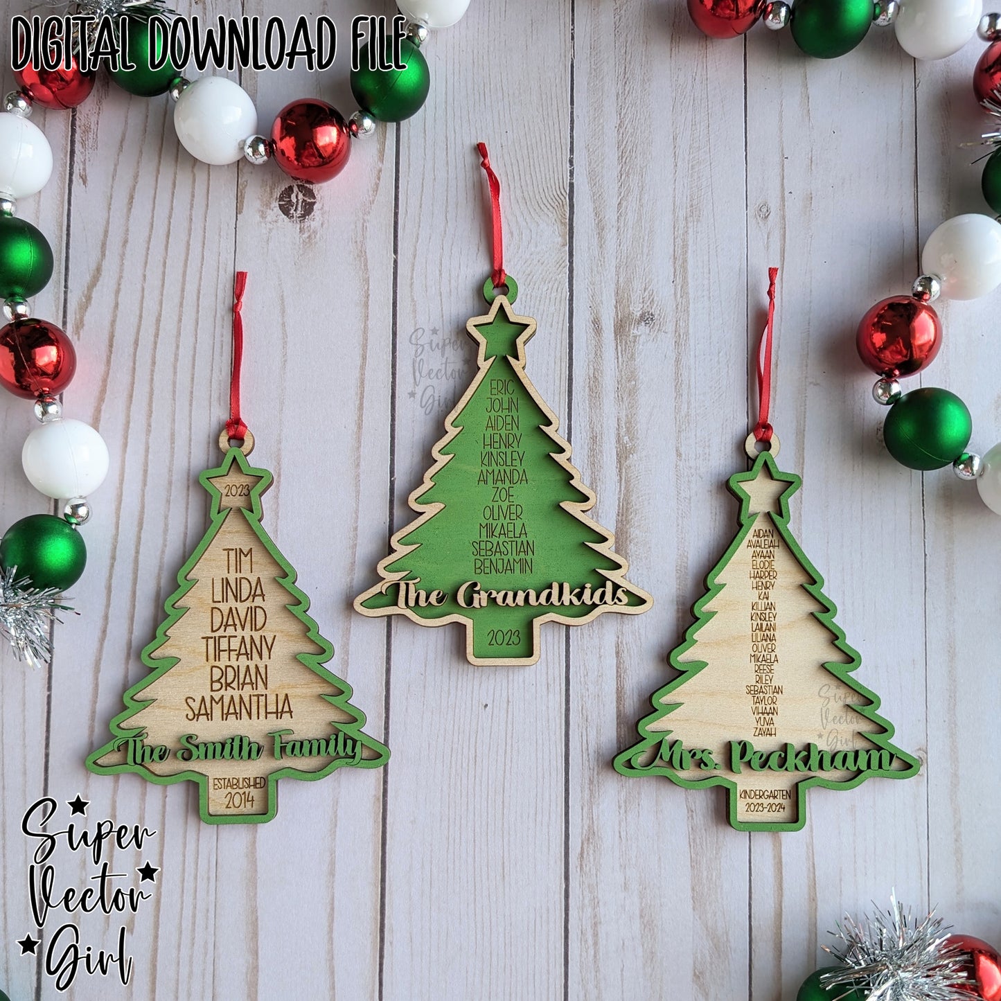 Personalized Teacher or Large Family Christmas Tree Ornament, SVG, Digital Laser Cut File files, Grand Children, Engraved Class List, Student Names, Teacher Gift