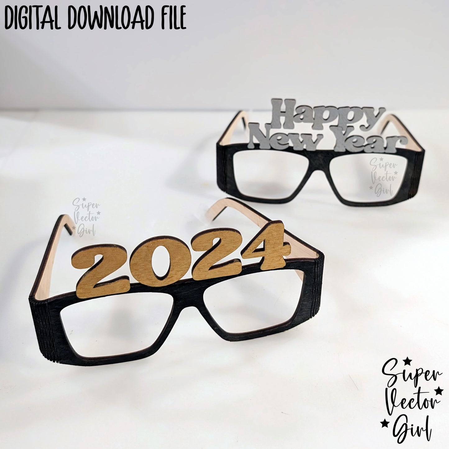 Happy New Year Eye Glasses DIY, SVG, Digital Laser Cut File, xTool Glowforge files, Wood Cute Silly New Year's Eve Party Celebration Photo 2024