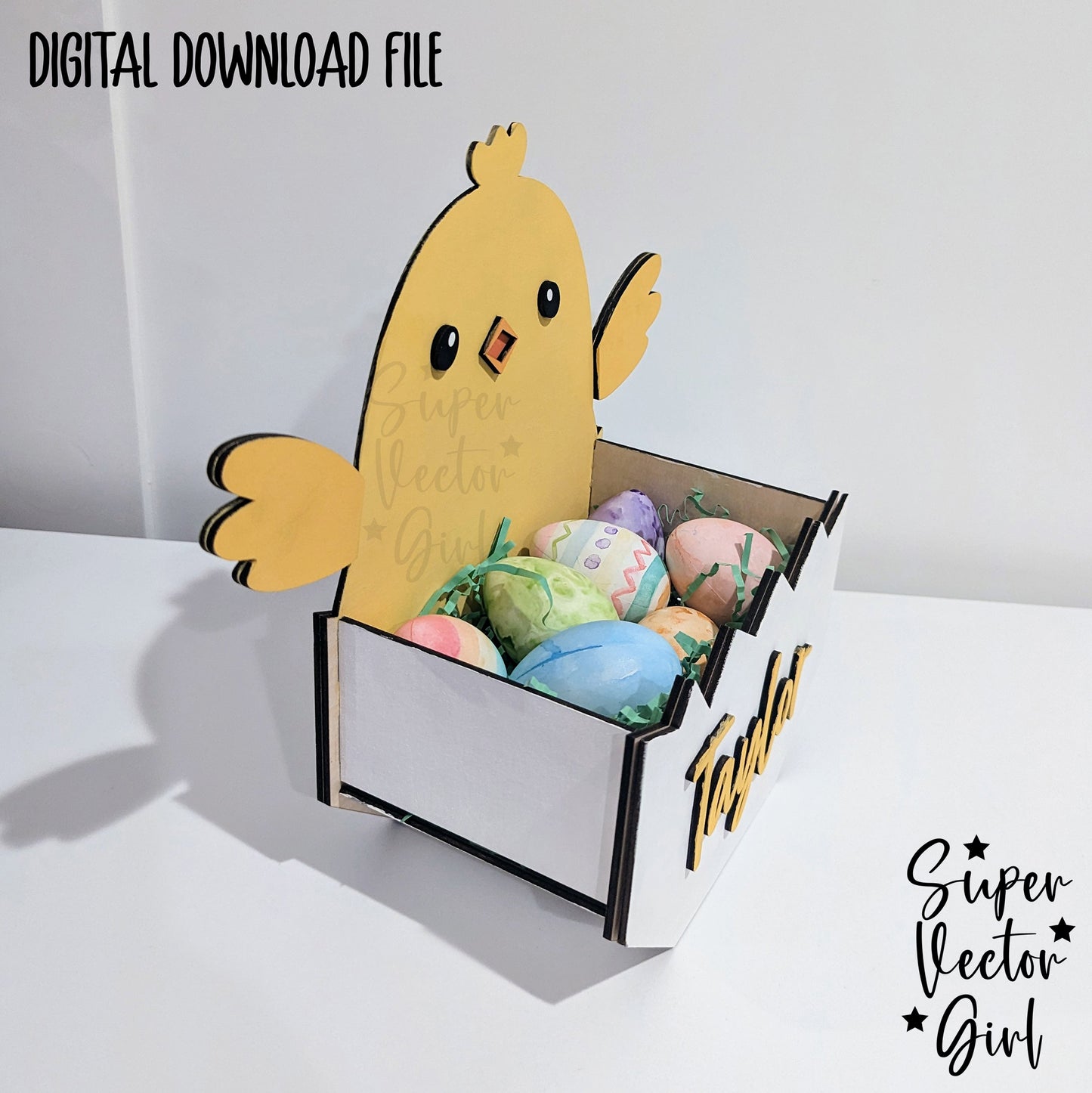 Chick Only Easter Basket Crate, Easter Treats Box, SVG, Laser Cut File, xTool Glowforge files, Cute chick in egg, chicken, gift box, hatching, spring