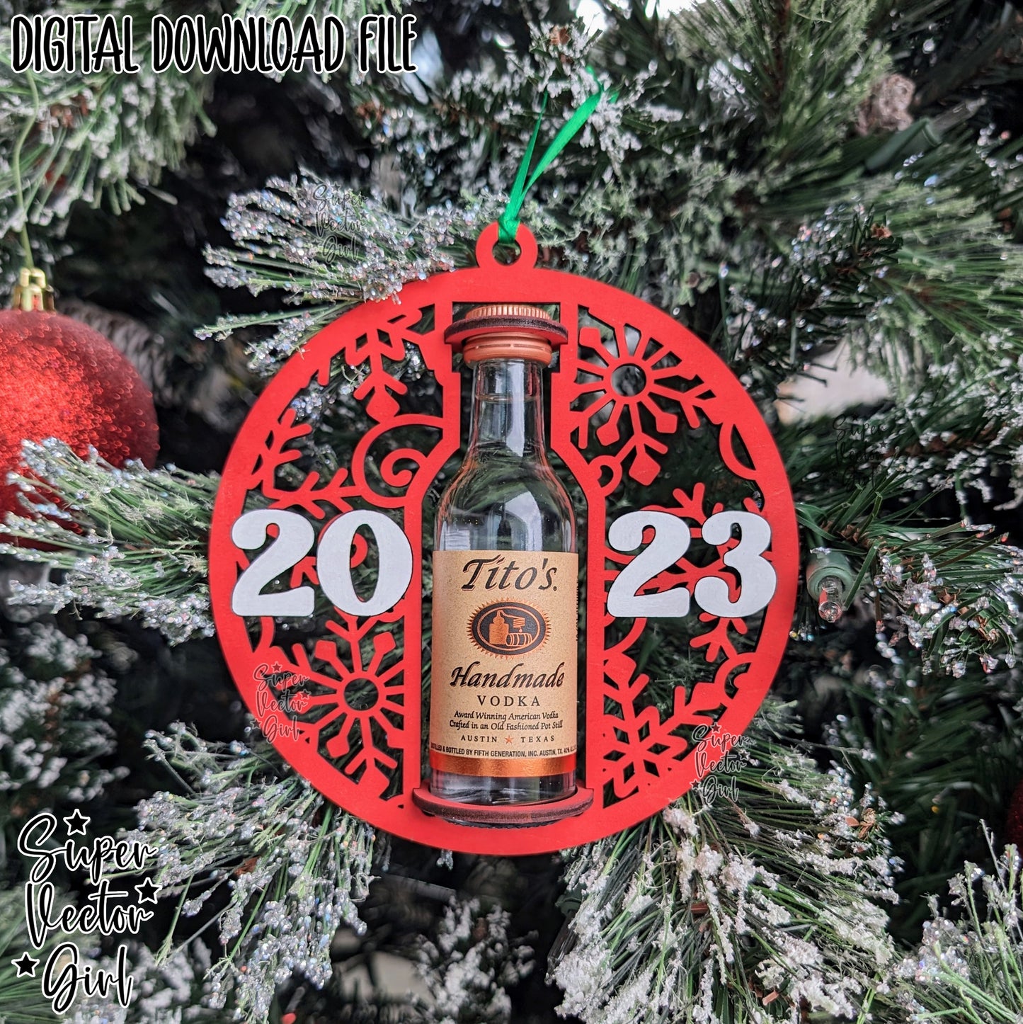 Mini Shooter Christmas New Year Ornament, Compatible with Tito's Booze Bottle Shot, Alcohol 50 ML, Round Liquor Holder, SVG, Digital Laser Cut File, Gift