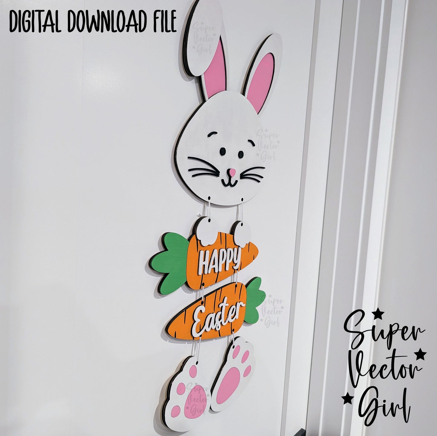 Easter Bunny Door Hanger Sign, SVG, Laser Cut File, xTool Glowforge files, Wall Decor Accent, Home Decoration, cute rabbit carrot, hanging sign