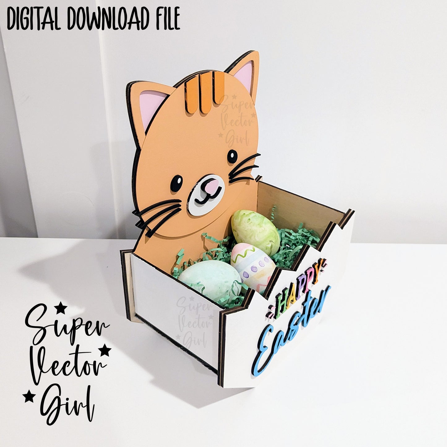 Cat Only Easter Basket Crate, Easter Treats Box, SVG Laser Cut File, xTool Glowforge files, Cute kitty in egg kitten gift box, hatching spring tabby pet