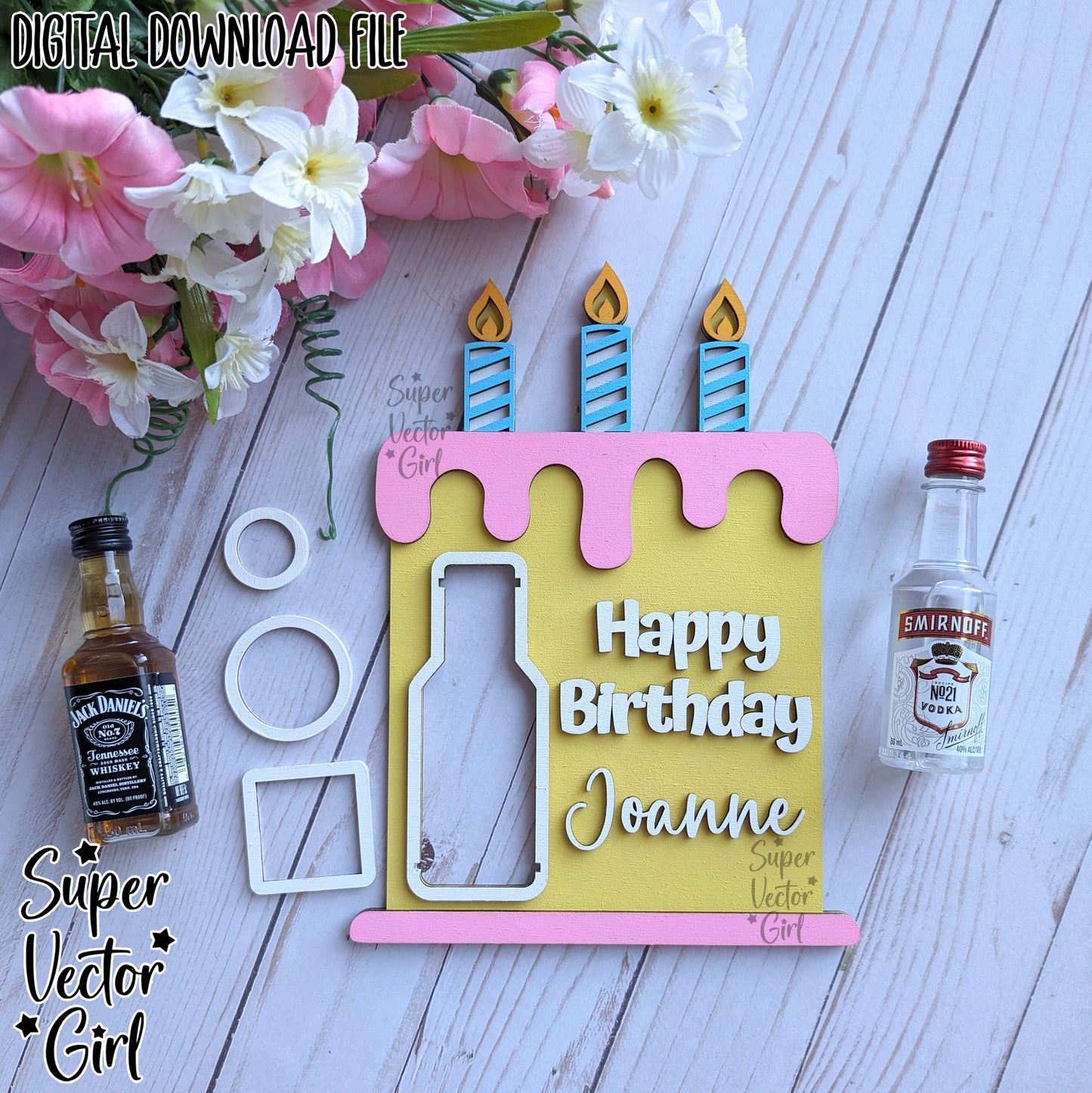 Birthday Cake Shooter Holder, SVG, Laser Cut File, Mini Alcohol Bottle Gift, Small Round or Square Booze Bottle Shot Shooters, Alcohol 50 ML Shooters, Mini Liquor Holder, Birthday Gift Files