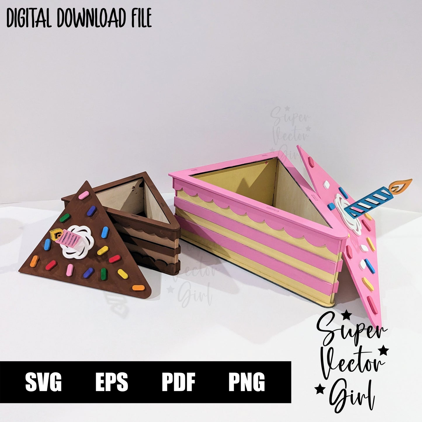 Cake Gift Box with Lid SVG File, 3D Birthday Cake Slice, Laser Cut File, xTool Glowforge files, gift present kids storage cute dessert party food 3D Cake