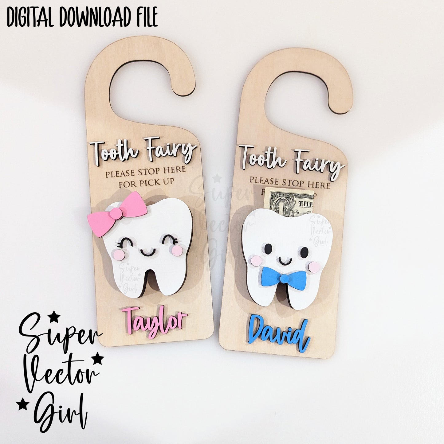 Tooth Fairy Hanger Laser File, Door Hanger, SVG Laser Cut File, xTool Glowforge files, Cute Teeth Boy Girl, Baby Teeth Pillow Holder Box Keepsake