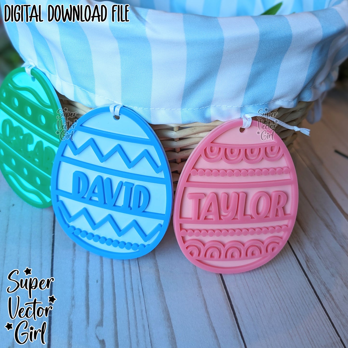 Easter Egg Basket Tags, SVG, Laser Cut File, Cute Eggs Name Tag, Gift Tag, Personalized Charm, Hanger, Ornament Name, Kids Basket Tags