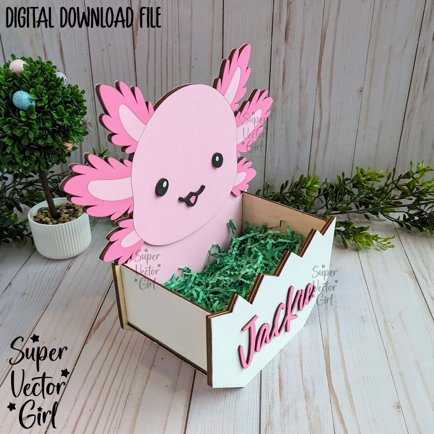 Axolotl Easter Basket Crate, Easter Treats Box, SVG, Laser Cut File, xTool Glowforge files, Cute salamander in egg, gift box, hatching, spring