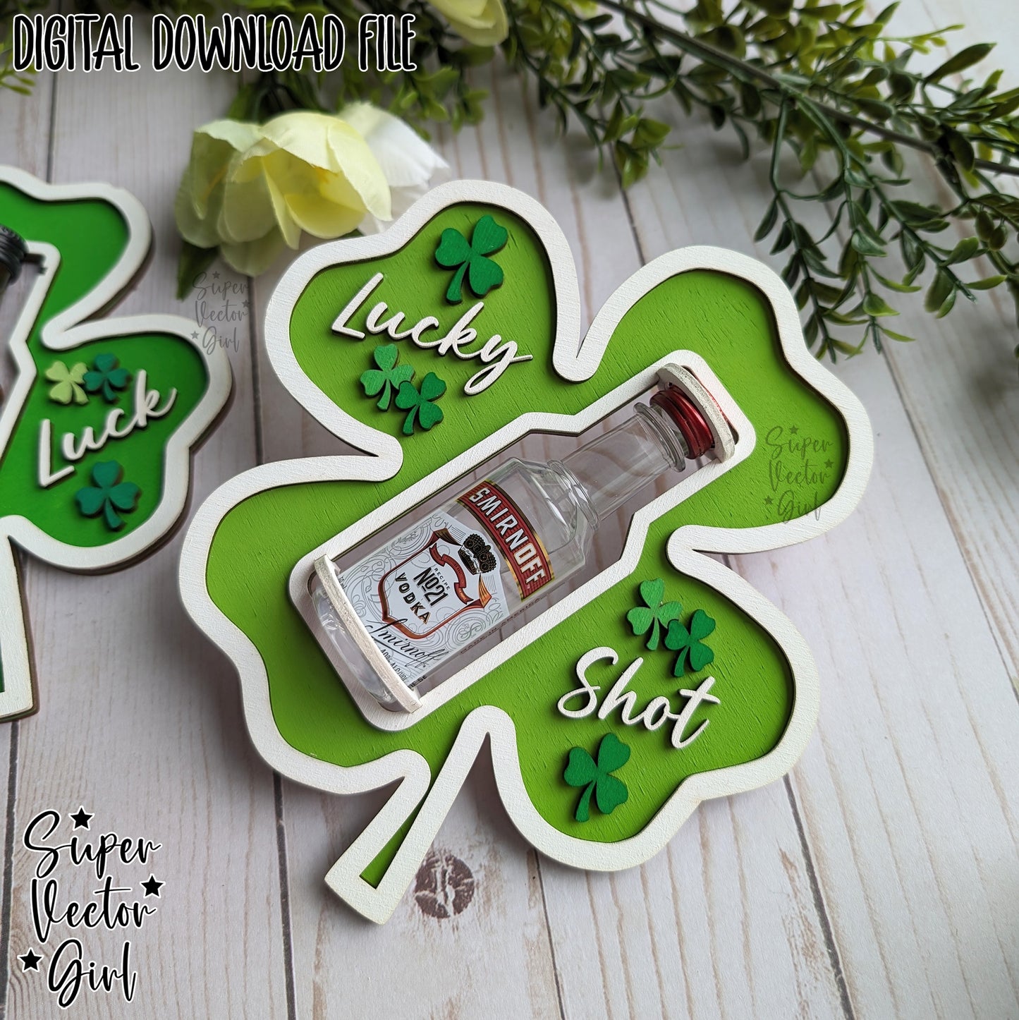 St. Patrick's Day Shooter Holder, SVG, Laser Cut File, Alcohol Bottle Gift, Small Round or Square Booze Bottle Shot Shooters, Alcohol 50 ML Shooters, Mini Liquor Holder, St Patricks Day Files