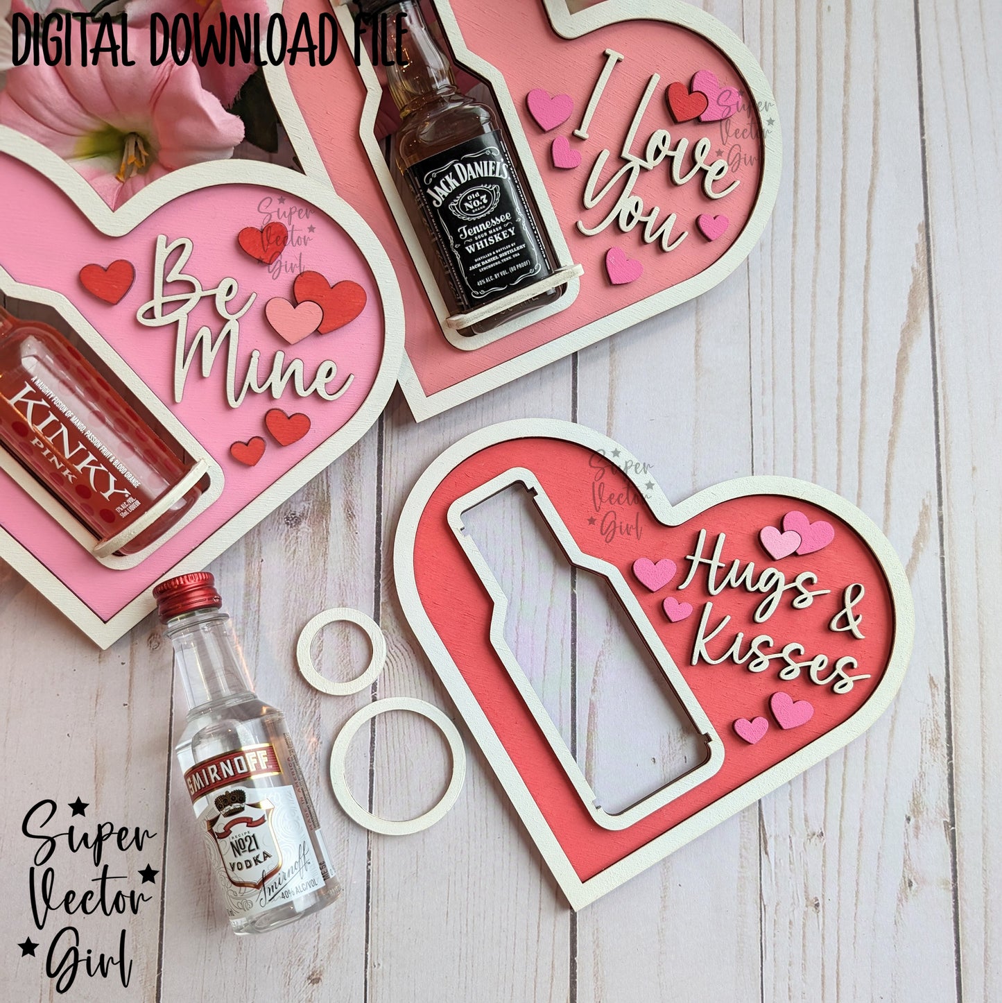 Valentine's Day Shooter Holder Card, SVG Laser Cut File, Alcohol Bottle Gift, Small Round or Square Booze Bottle Shot Shooters, Alcohol 50 ML Shooters, Mini Liquor Holder, Valentines Day Files