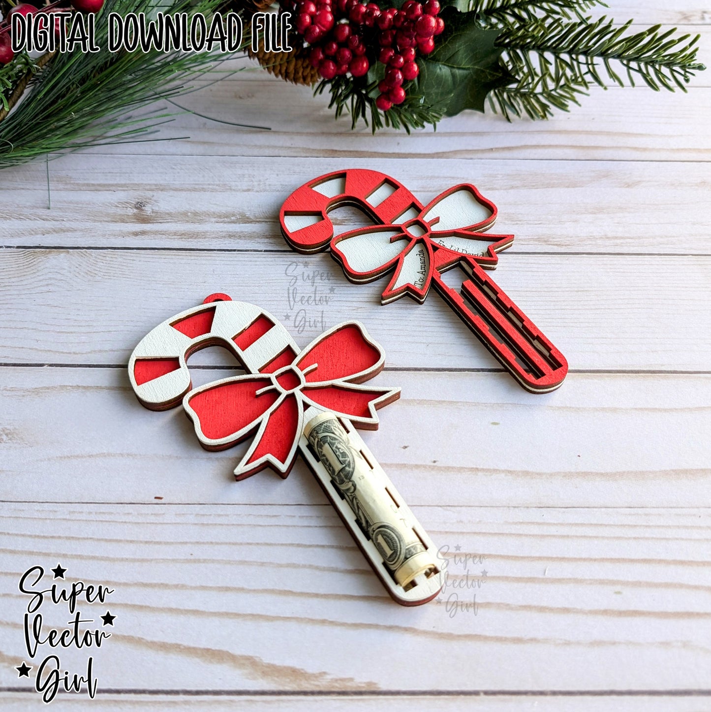 Candy Cane Christmas Money Holder, Cash Gift Ideas, SVG, Laser Cut File, files present kids money cake card personalized name stocking stuffer