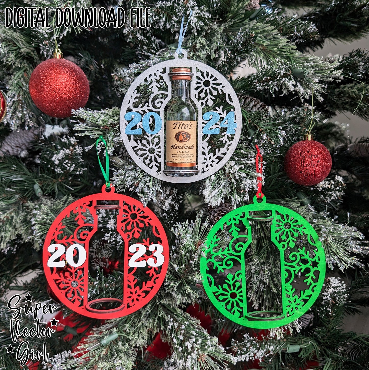 Mini Shooter Christmas New Year Ornament, Compatible with Tito's Booze Bottle Shot, Alcohol 50 ML, Round Liquor Holder, SVG, Digital Laser Cut File, Gift