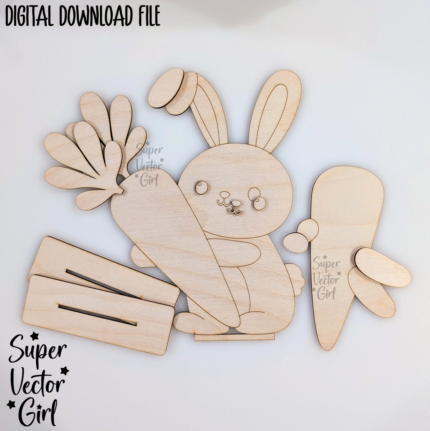 Easter Bunny Holding a Carrot Shelf Sitter, SVG, Laser Cut File, Cute Easter Rabbit, Spring Sign, Tiered Tray, Table Decoration, Home Decor, Shelf Sitters Files, Family Name Sign