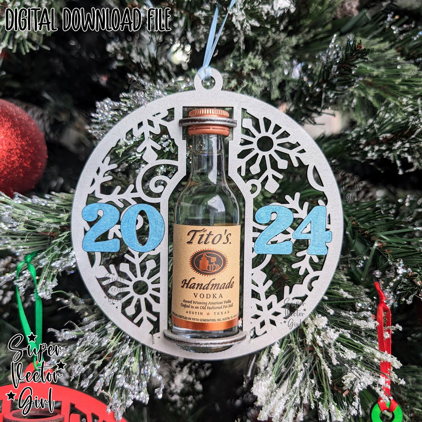 Mini Shooter Christmas New Year Ornament, Compatible with Tito's Booze Bottle Shot, Alcohol 50 ML, Round Liquor Holder, SVG, Digital Laser Cut File, Gift