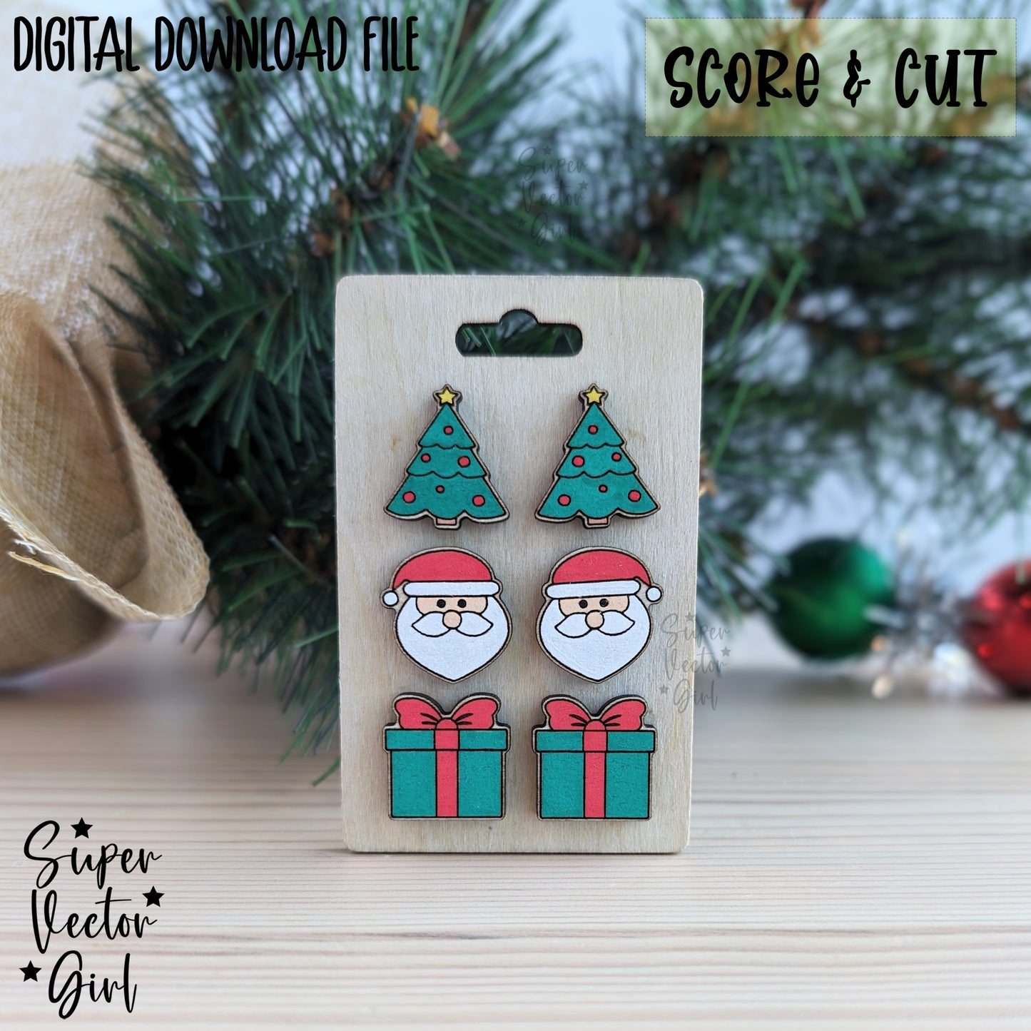 Christmas Stud Earrings Bundle Set, SVG, Digital Laser Cut File files, Score and Cut, Laser Cut Earrings, Santa Present Gift Tree, Holidays