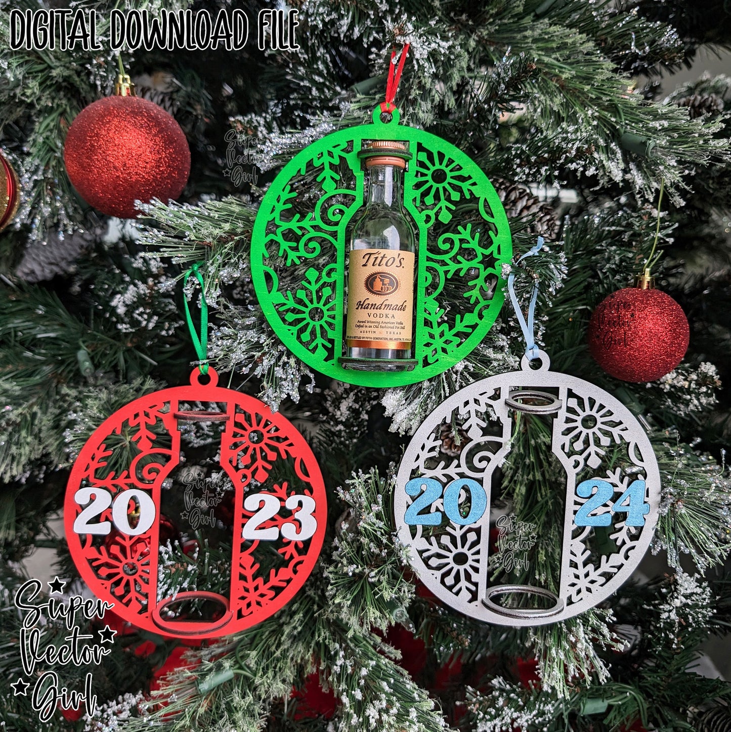 Mini Shooter Christmas New Year Ornament, Compatible with Tito's Booze Bottle Shot, Alcohol 50 ML, Round Liquor Holder, SVG, Digital Laser Cut File, Gift