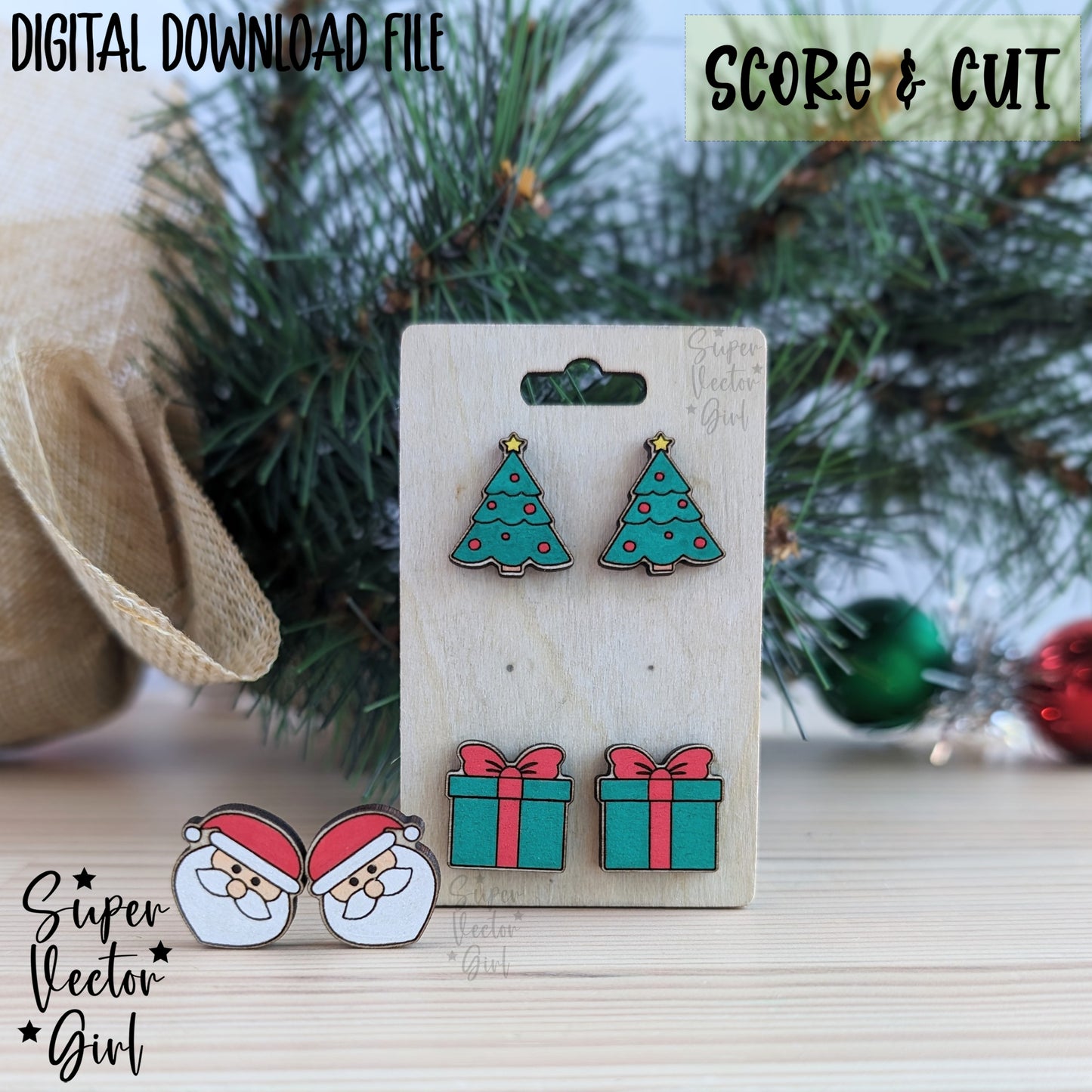 Christmas Stud Earrings Bundle Set, SVG, Digital Laser Cut File files, Score and Cut, Laser Cut Earrings, Santa Present Gift Tree, Holidays