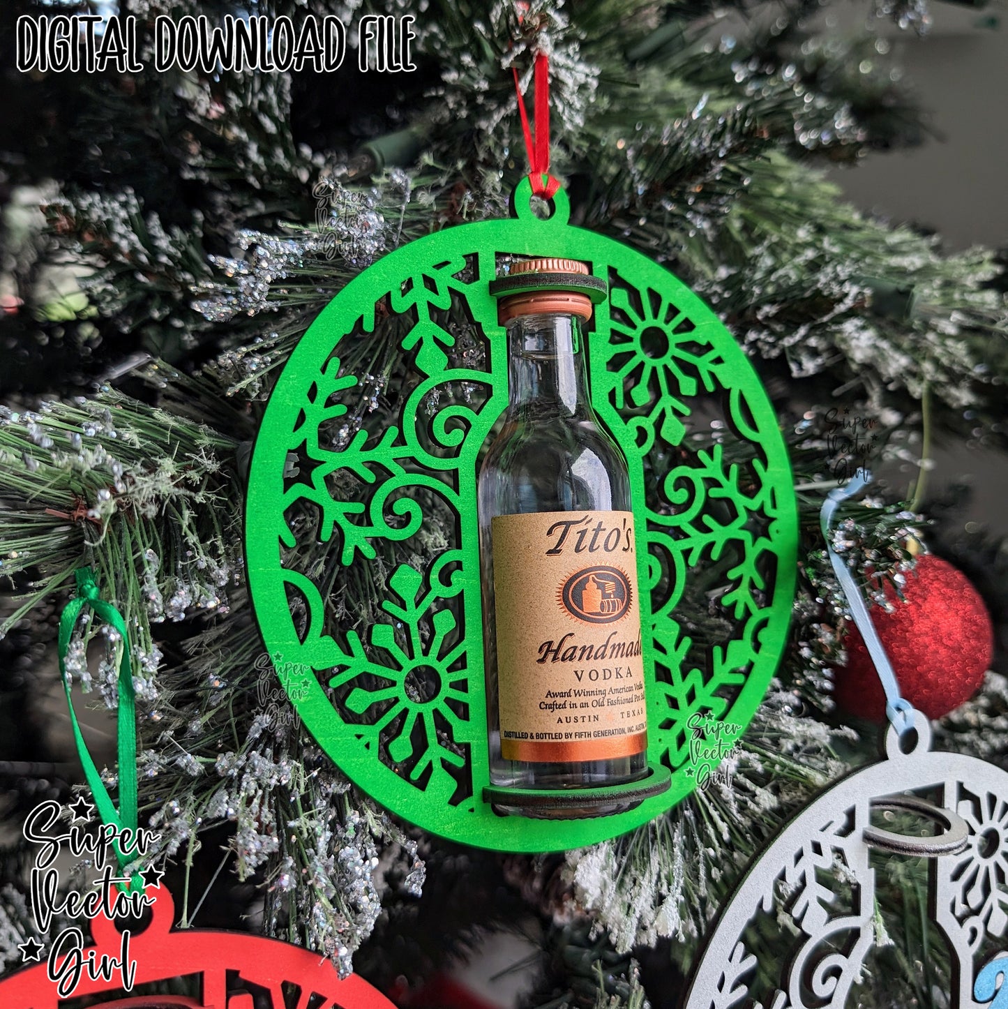 Mini Shooter Christmas New Year Ornament, Compatible with Tito's Booze Bottle Shot, Alcohol 50 ML, Round Liquor Holder, SVG, Digital Laser Cut File, Gift