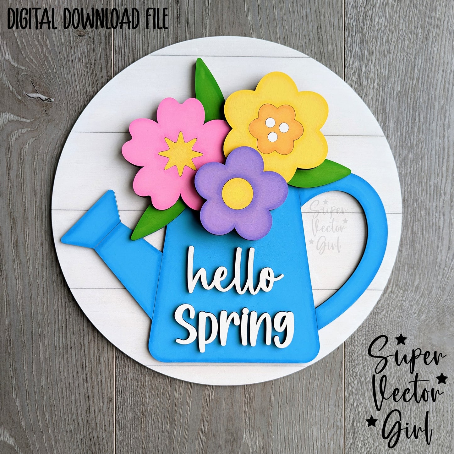 Hello Spring Door Hanger Sign, SVG, Laser Cut File, xTool Glowforge files, Wall Decor Accent, Home Decoration, cute watering can, flowers, hanging