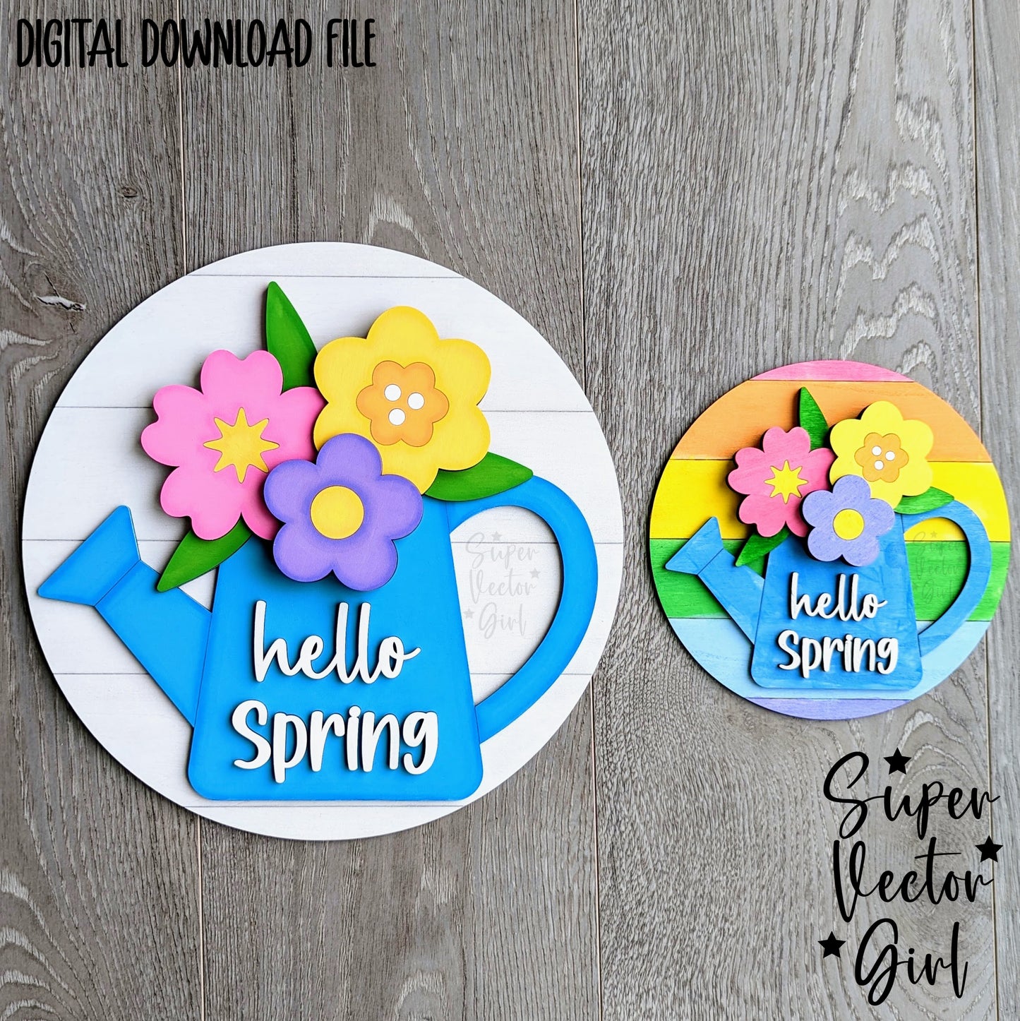 Hello Spring Door Hanger Sign, SVG, Laser Cut File, xTool Glowforge files, Wall Decor Accent, Home Decoration, cute watering can, flowers, hanging