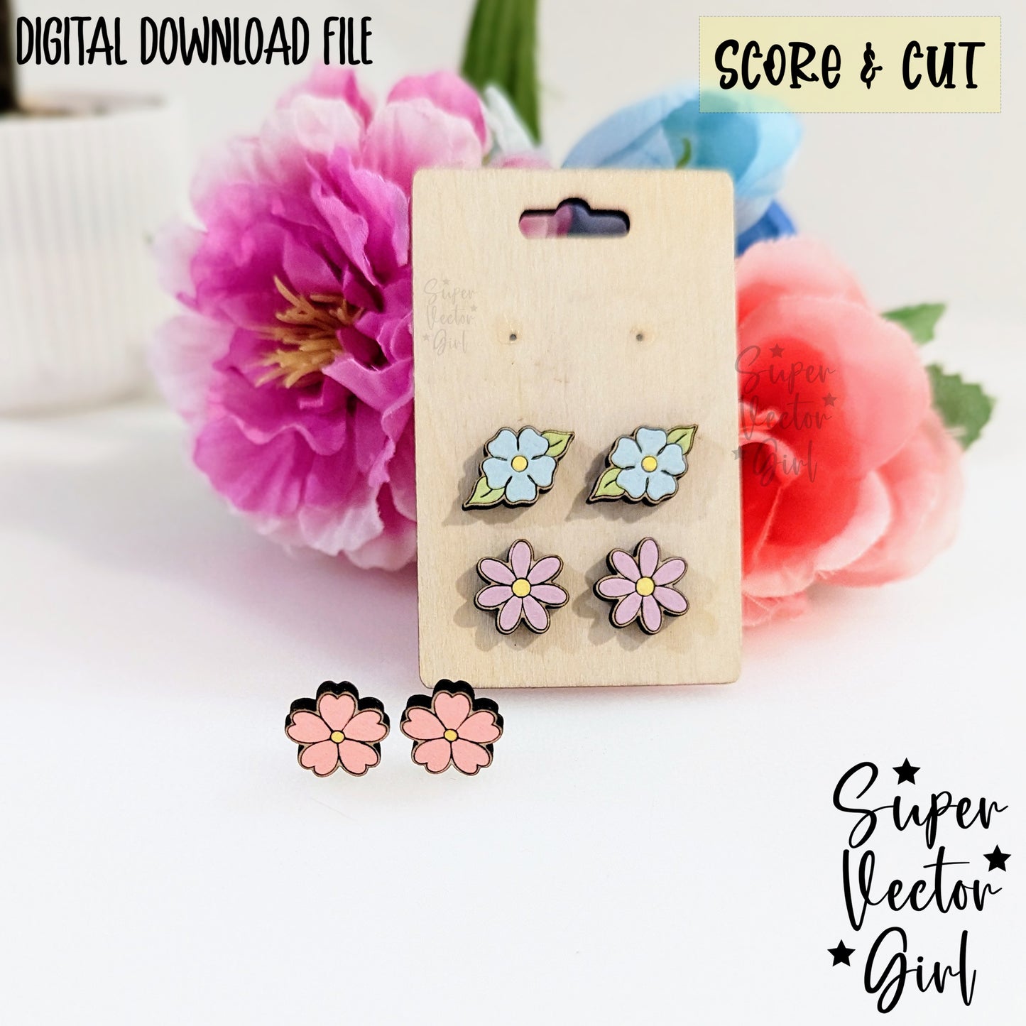 Floral Flowers Stud Earrings Bundle Set, SVG, Digital Laser Cut File, xTool Glowforge files, Score & Cut, Cute Spring Flower Daisy Mom Mother's Day