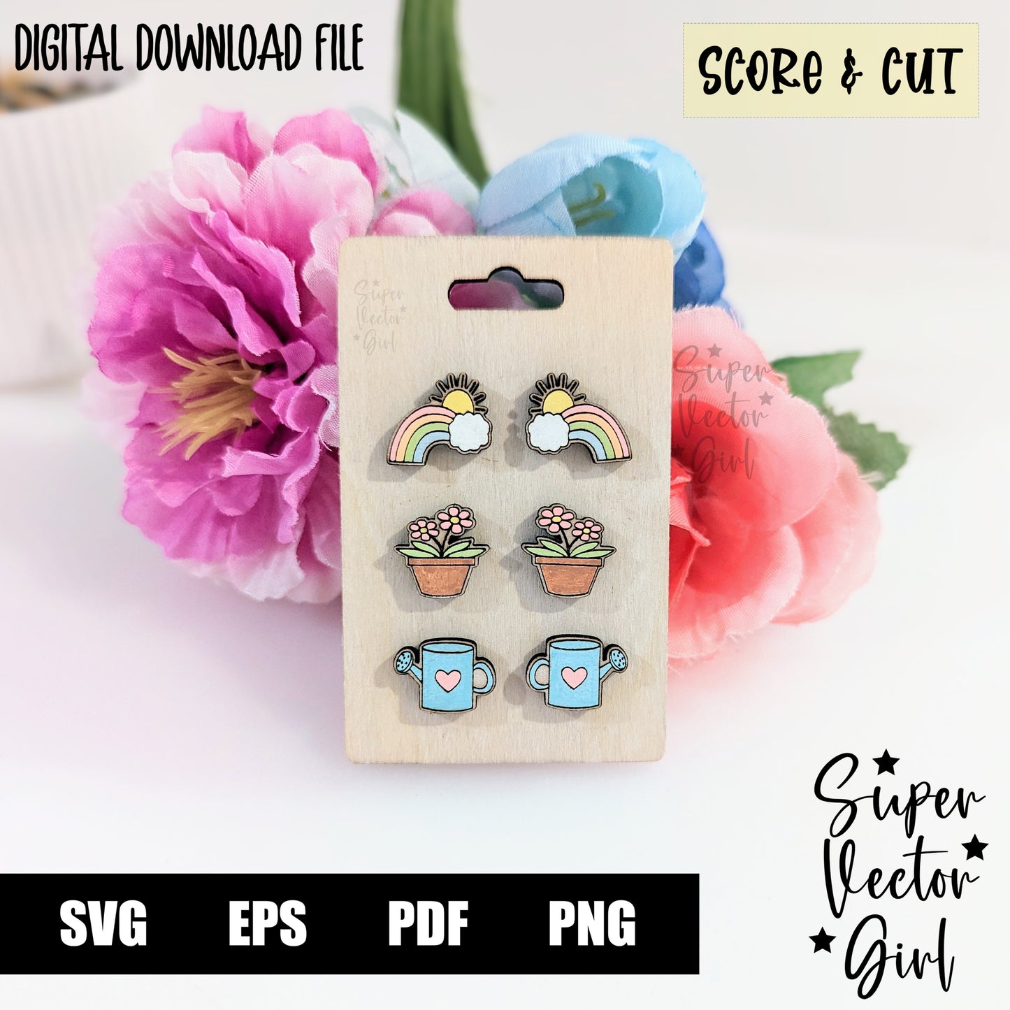 Spring Stud Earrings Bundle Set, SVG, Laser Cut File, xTool Glowforge files, Score & Cut, Laser Cut Earrings, Cute rainbow flowers gardening can