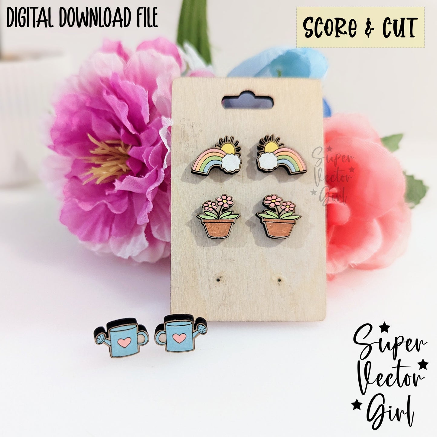 Spring Stud Earrings Bundle Set, SVG, Laser Cut File, xTool Glowforge files, Score & Cut, Laser Cut Earrings, Cute rainbow flowers gardening can